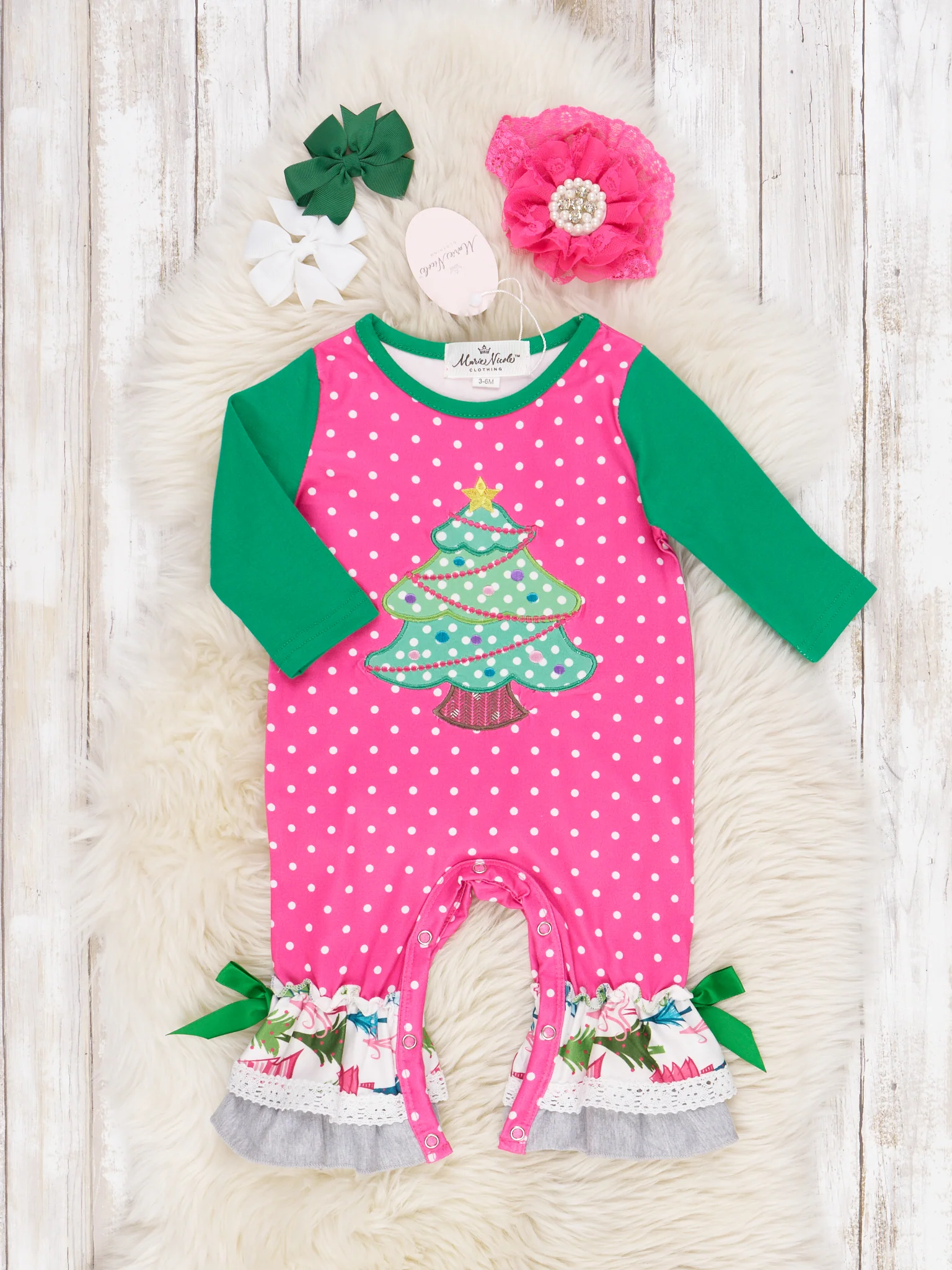 Pink Polka Dot Christmas Tree Raglan Ruffle Romper
