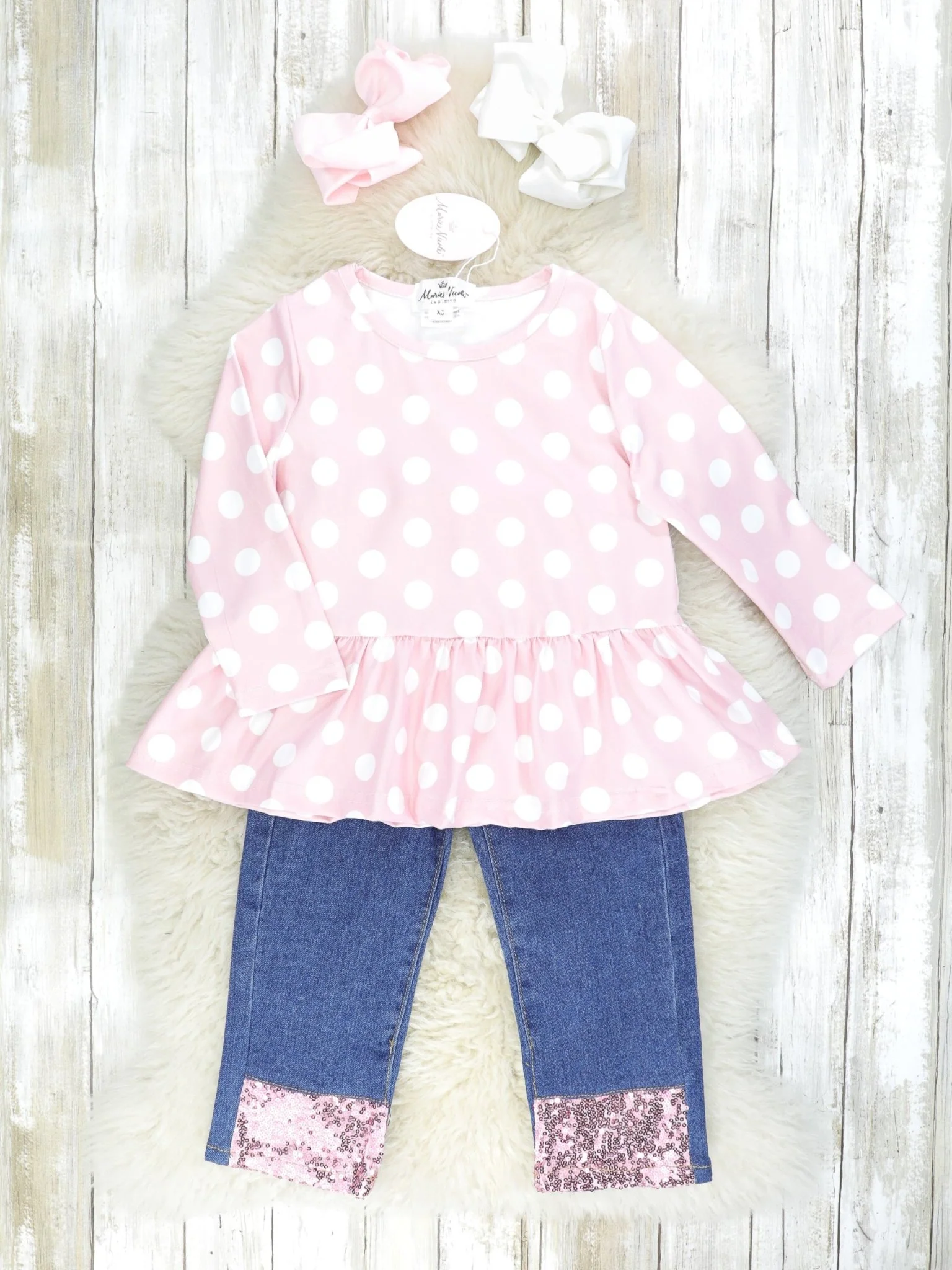 Pink Polka Dot Ruffle Top & Denim Sequin Outfit