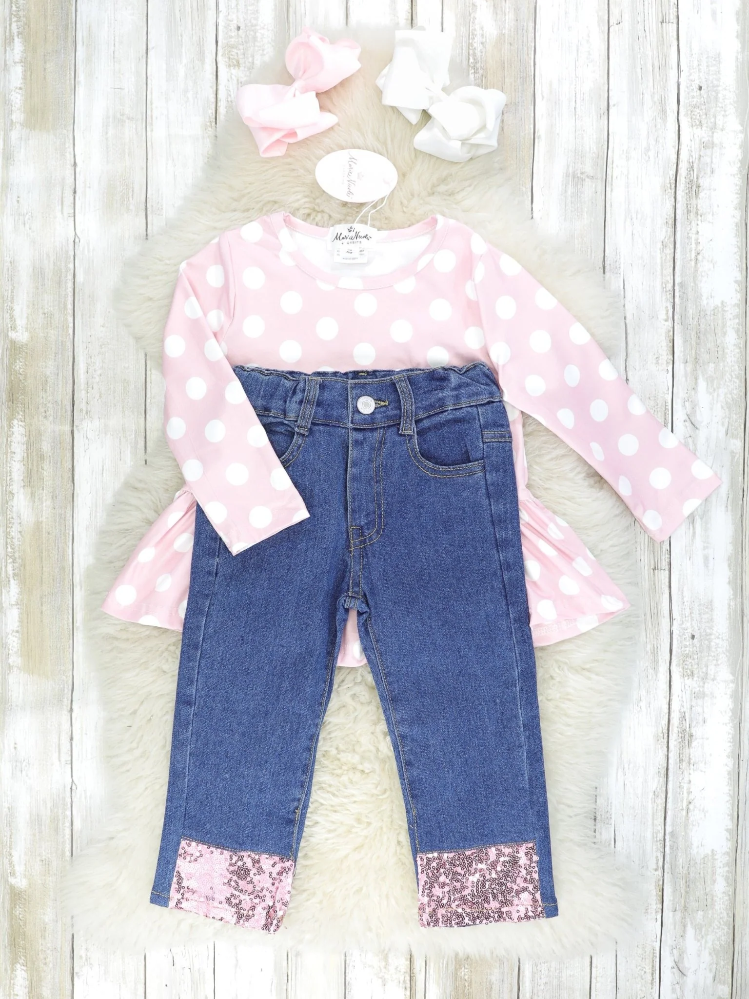 Pink Polka Dot Ruffle Top & Denim Sequin Outfit - Image 2