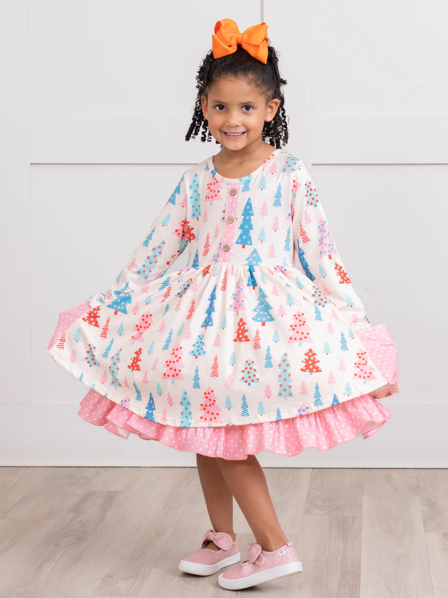 Pink Polka Dot Whimsical Trees Ruffle Dress