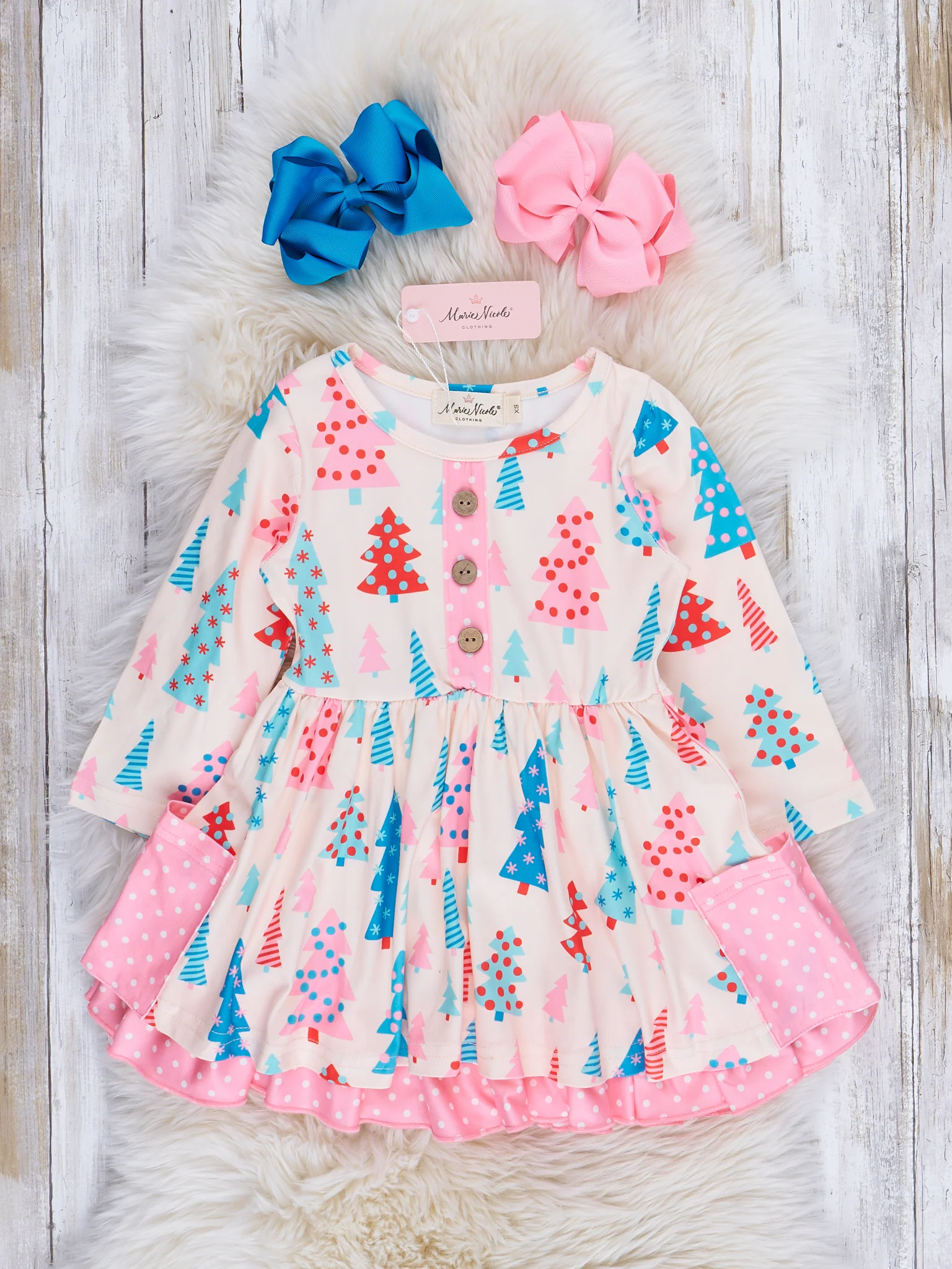 Pink Polka Dot Whimsical Trees Ruffle Dress - Image 2