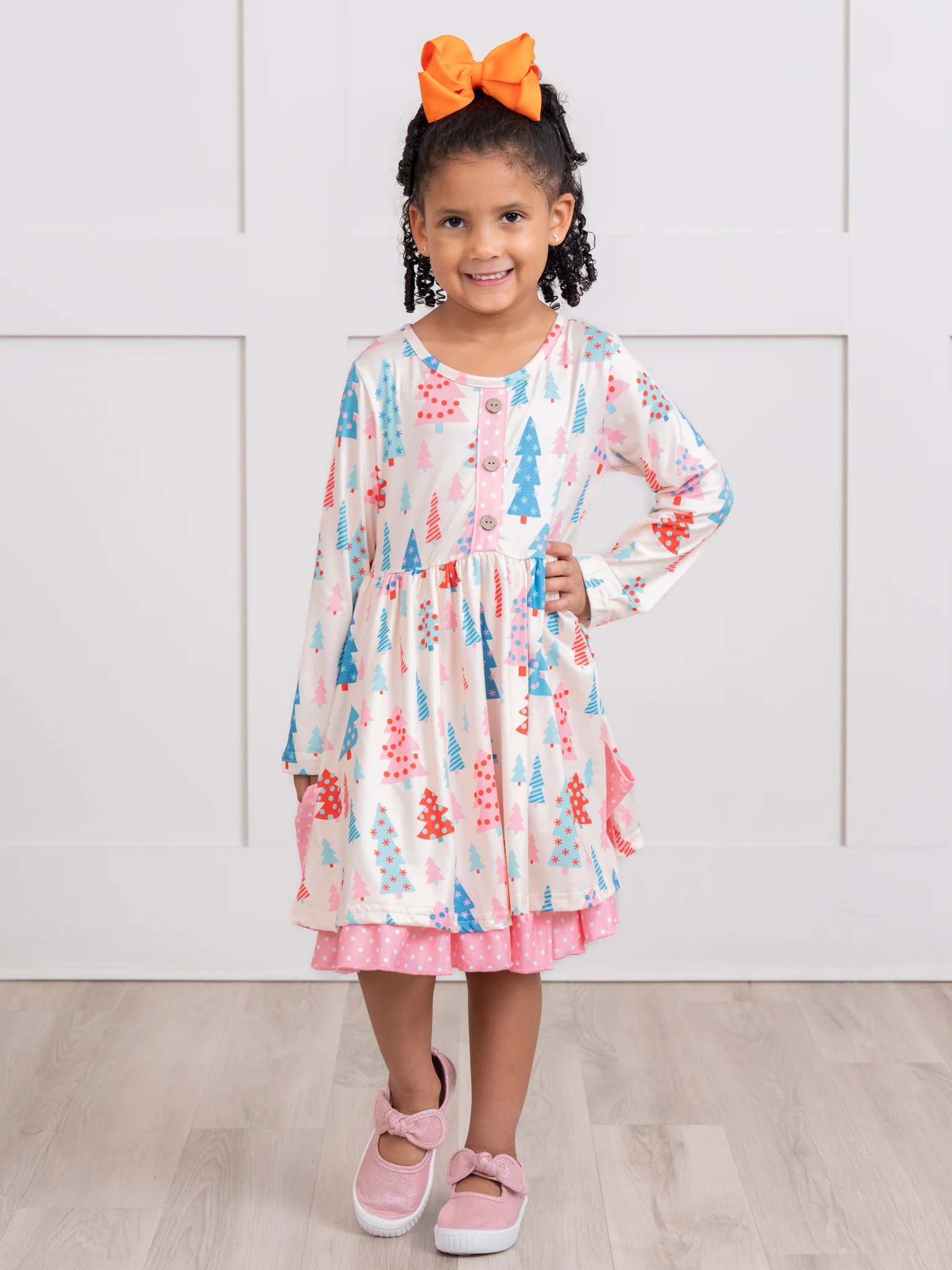 Pink Polka Dot Whimsical Trees Ruffle Dress - Image 3