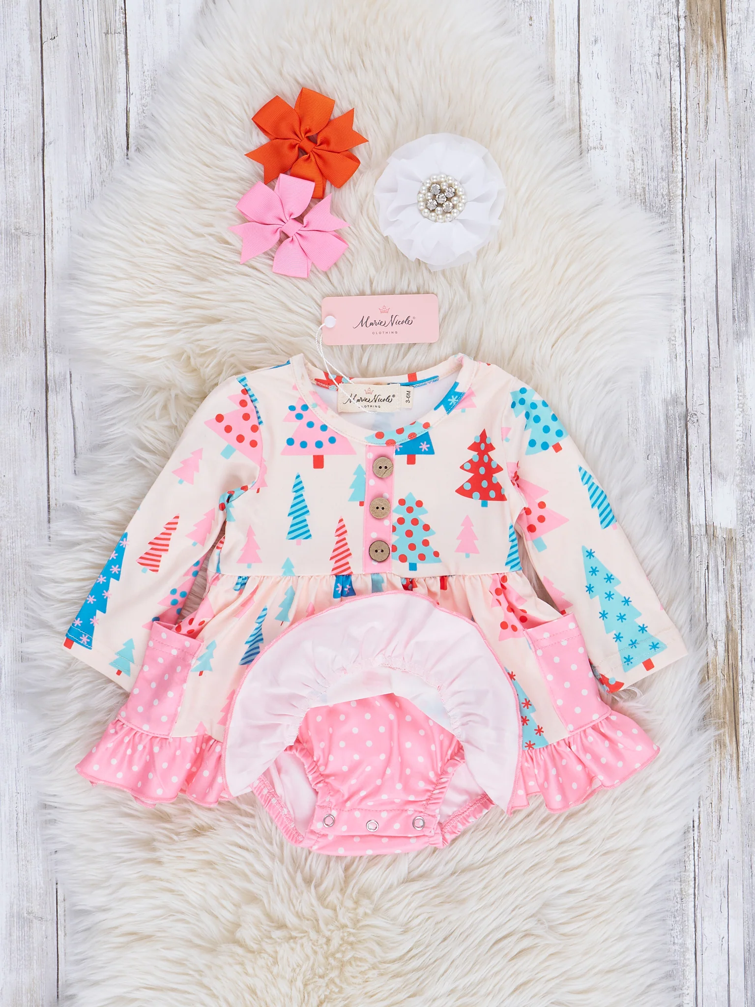 Pink Polka Dot Whimsical Trees Ruffle Romper - Image 2
