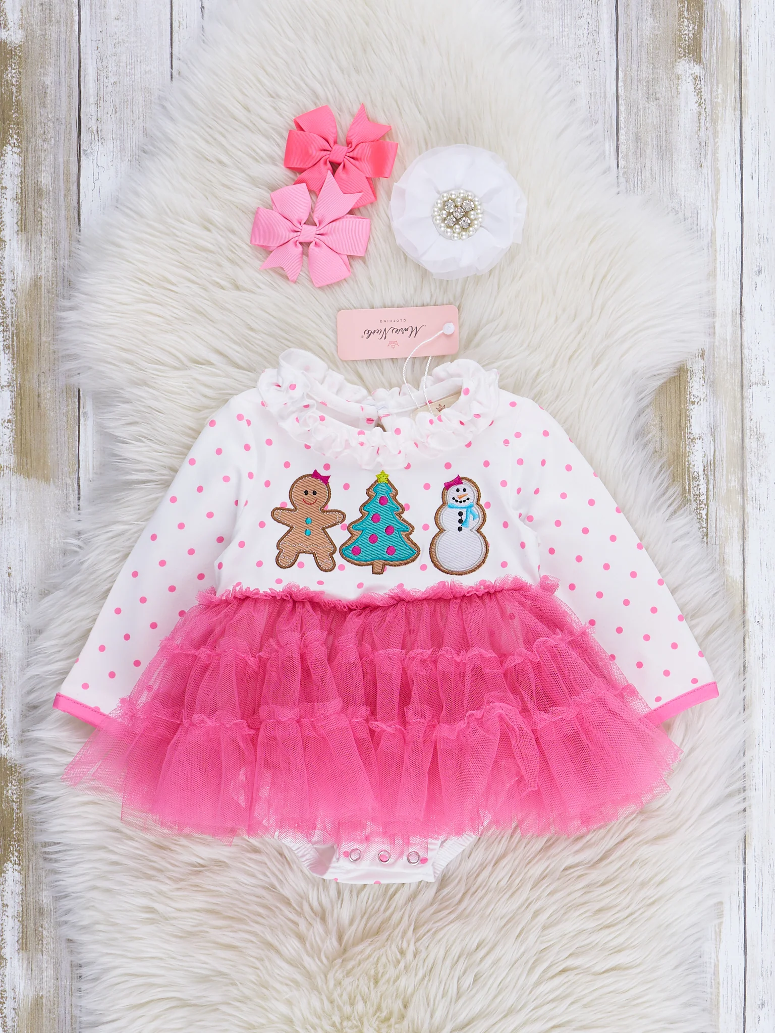 Pink Polka Dots Embroidered Christmas Tulle Bubble Romper