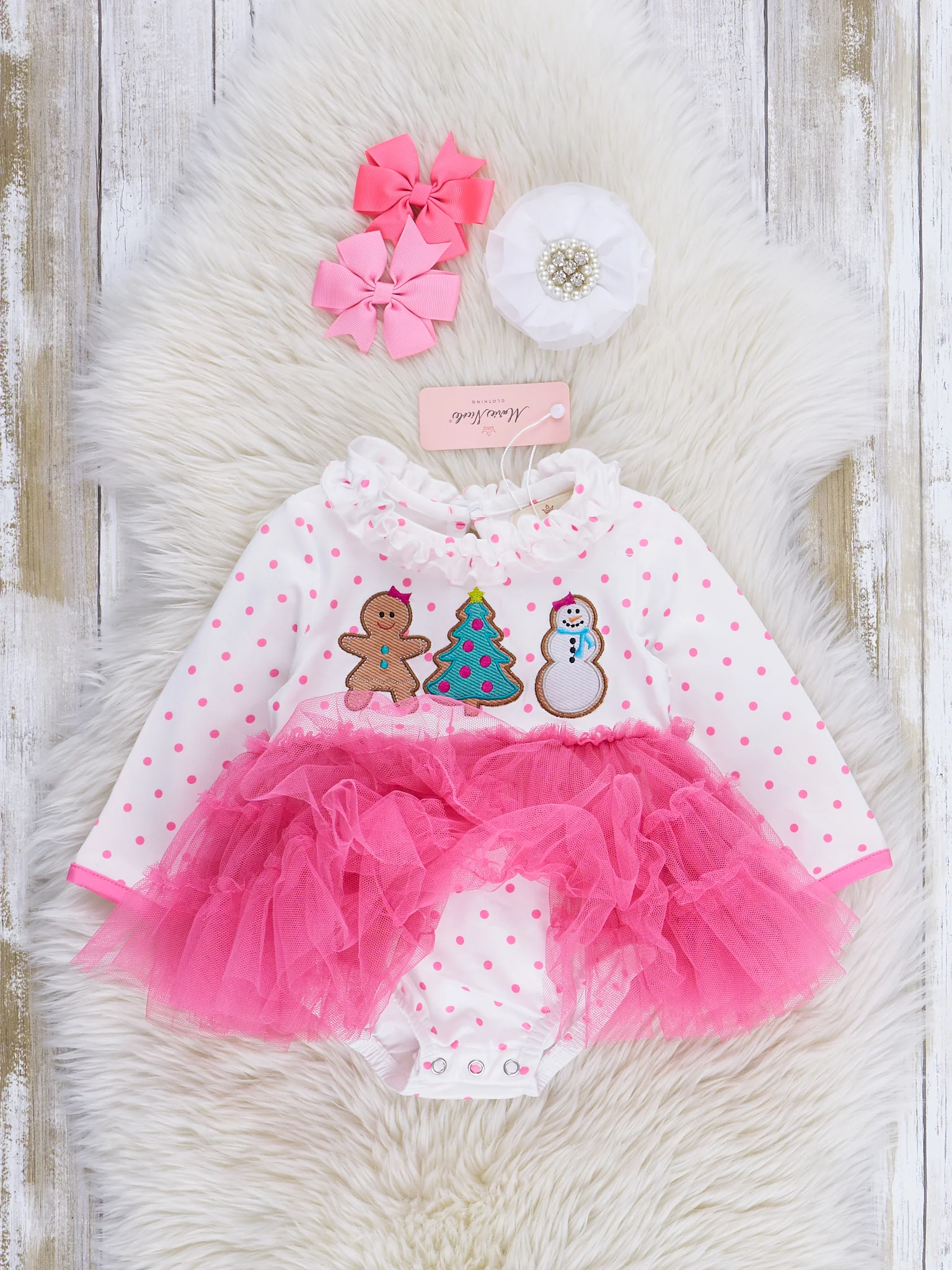 Pink Polka Dots Embroidered Christmas Tulle Bubble Romper - Image 2
