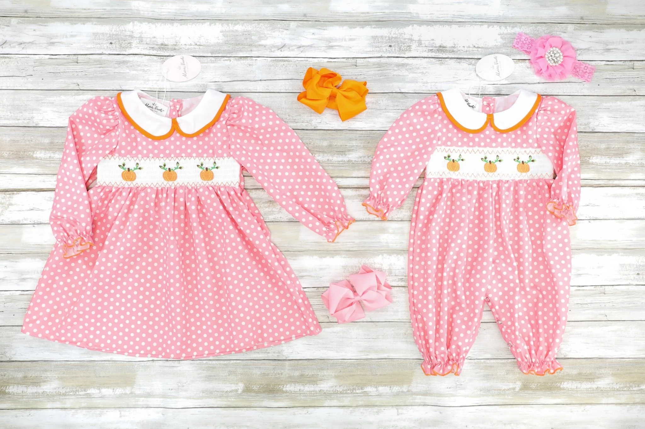 Pink Polka Dotted Smocked Pumpkin Romper - Image 3
