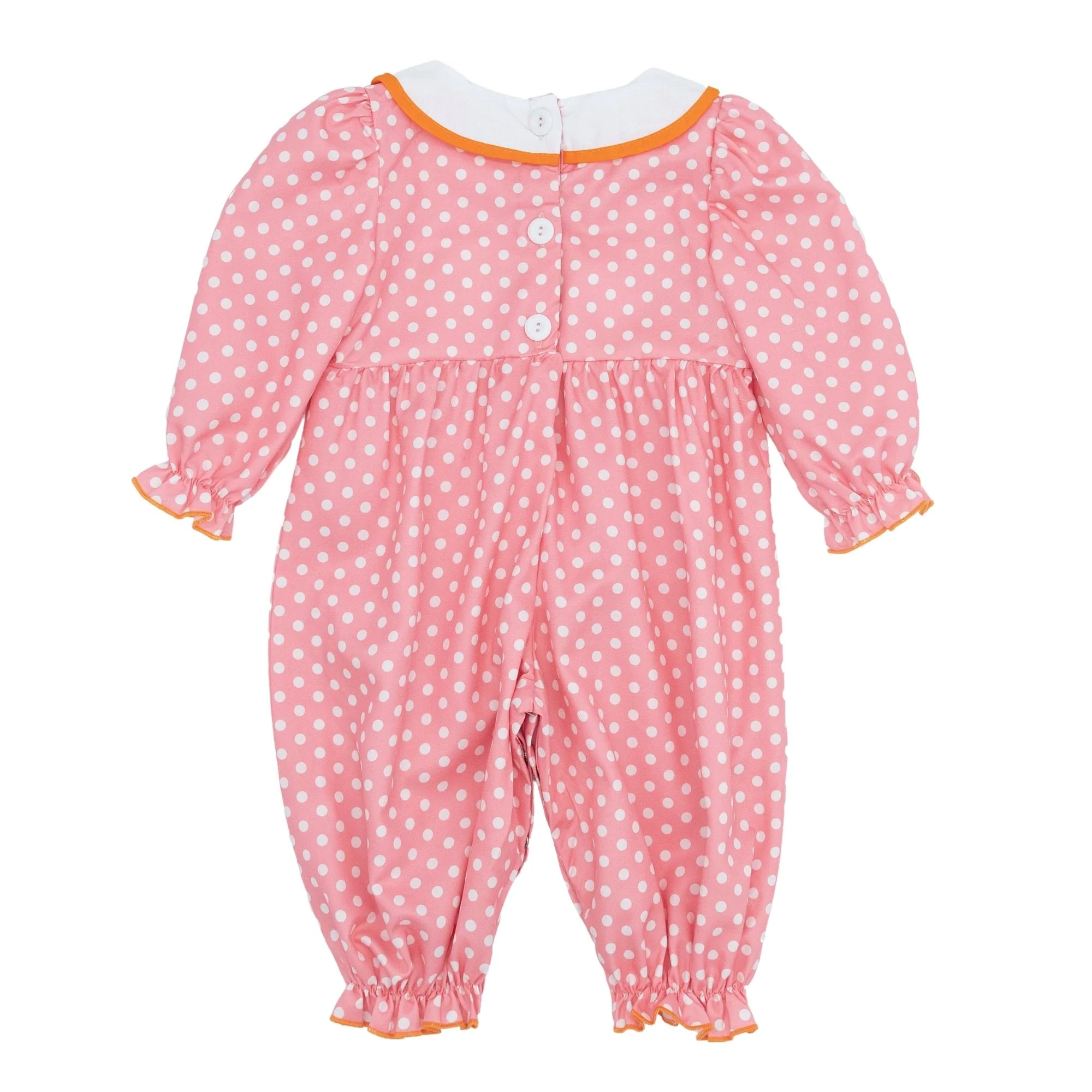 Pink Polka Dotted Smocked Pumpkin Romper - Image 5