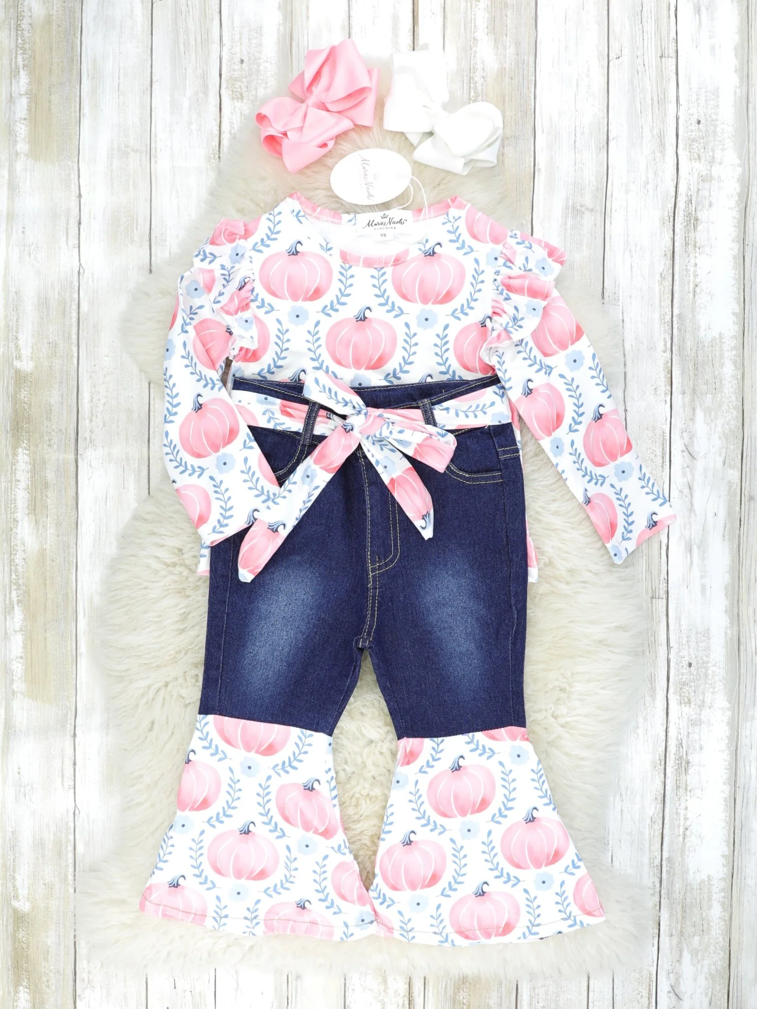 Pink Pumpkin Ruffle Top & Denim Bell Bottoms Outfit - Image 2
