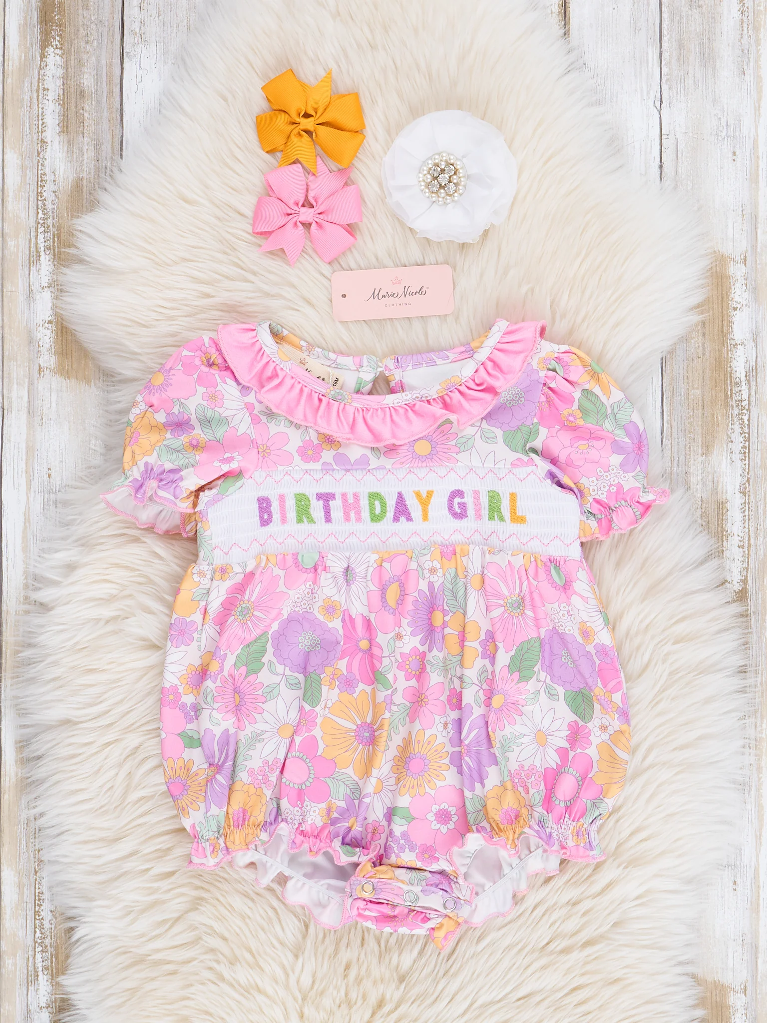 Pink & Purple Floral Birthday Girl  Smocked Bubble Romper