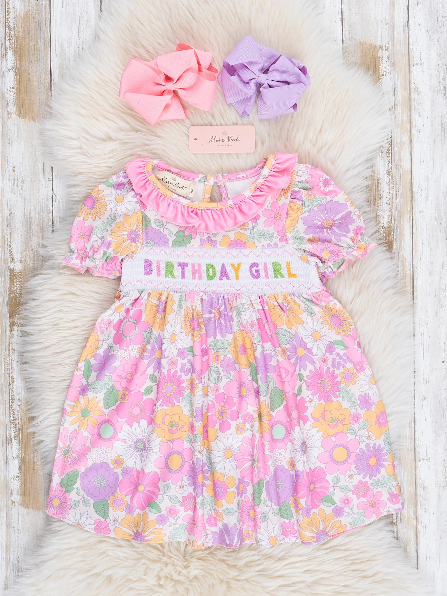 Pink & Purple Floral Birthday Girl Smocked Dress - Image 2