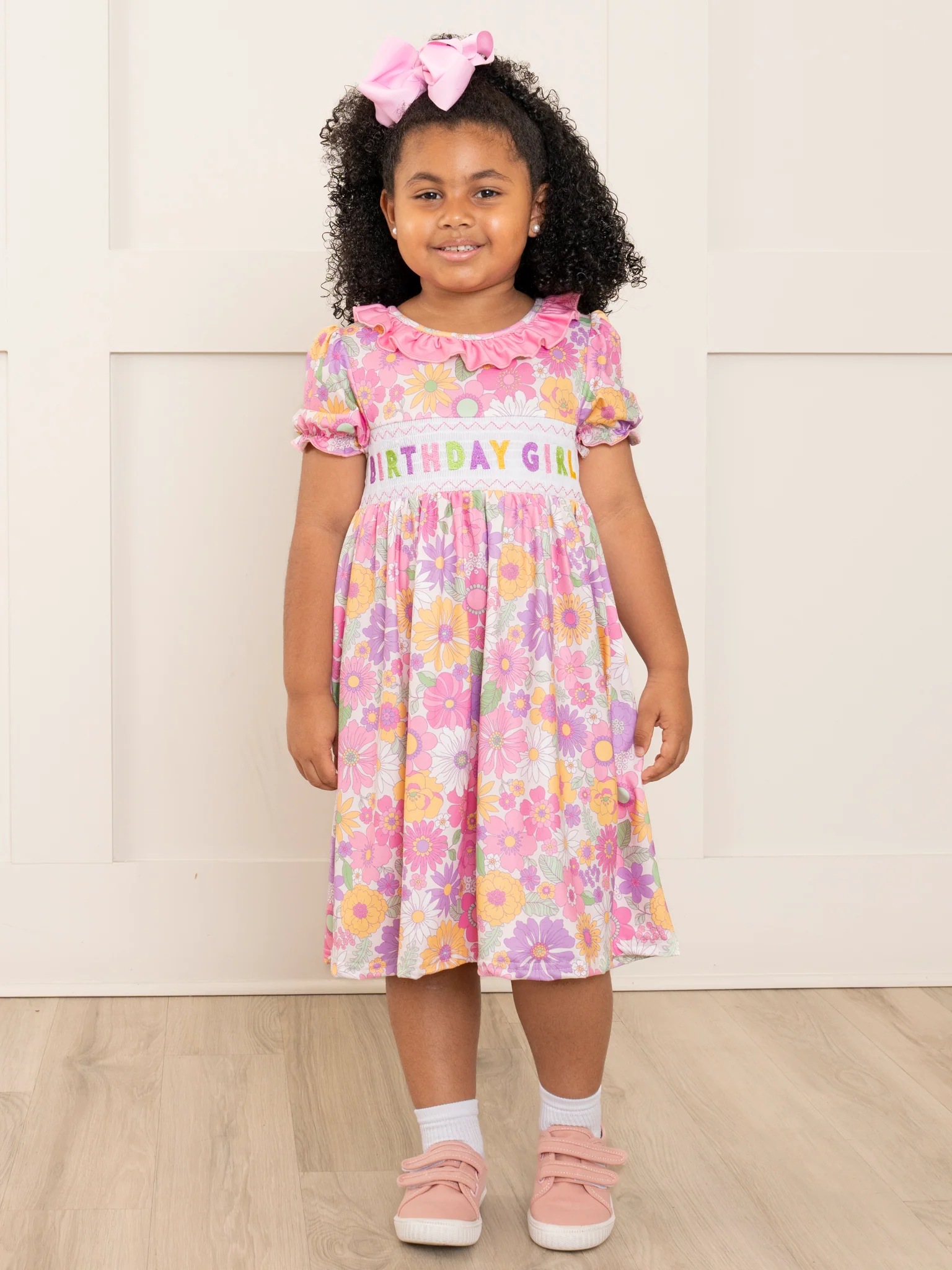 Pink & Purple Floral Birthday Girl Smocked Dress - Image 3