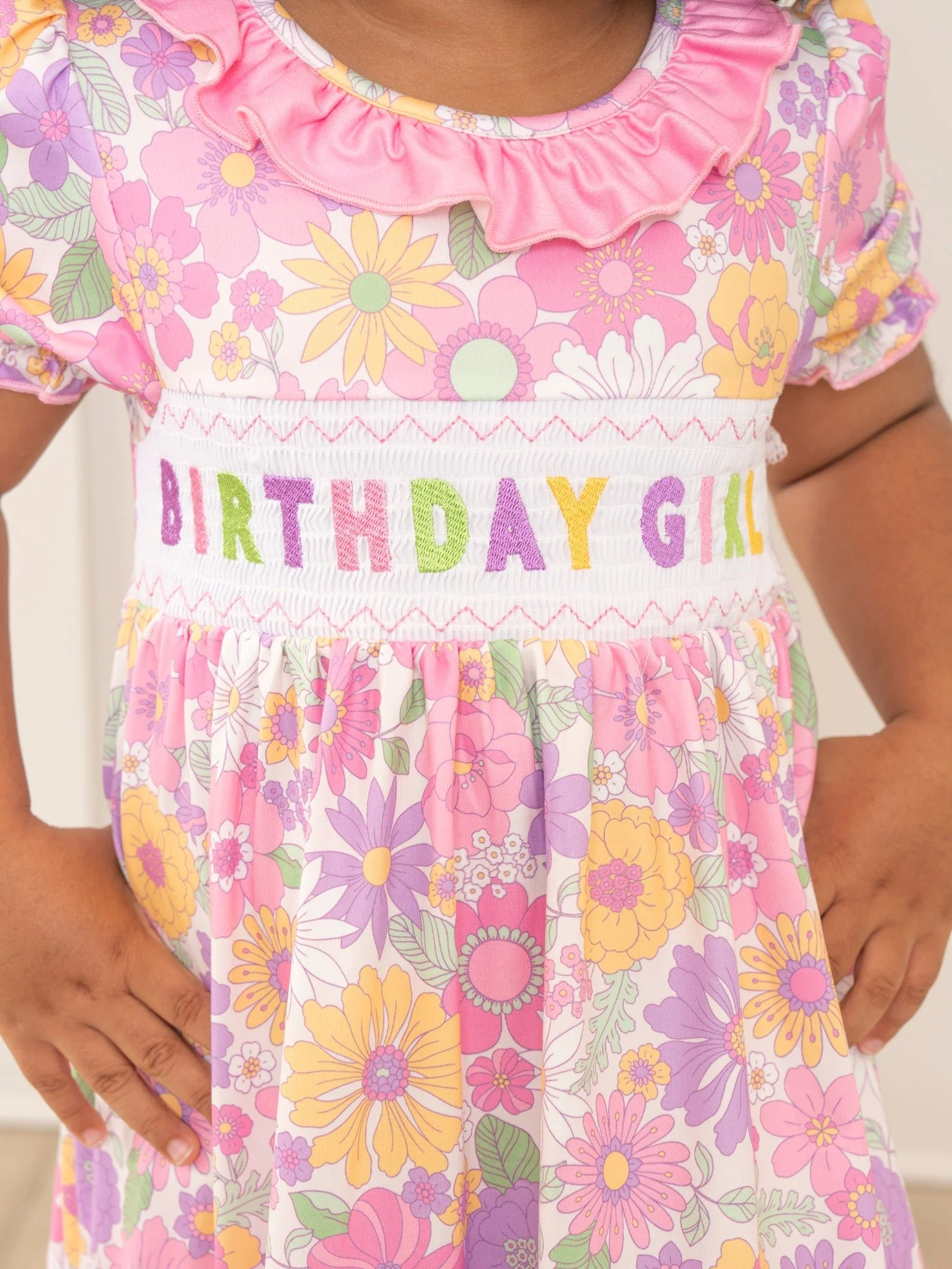 Pink & Purple Floral Birthday Girl Smocked Dress - Image 4