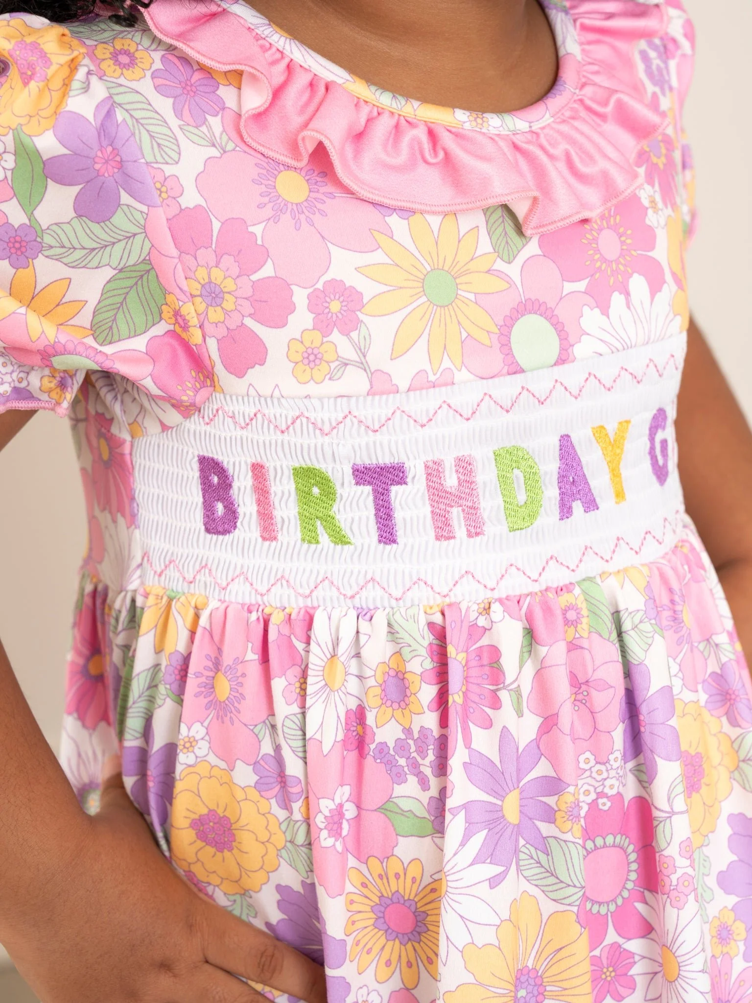 Pink & Purple Floral Birthday Girl Smocked Dress - Image 5
