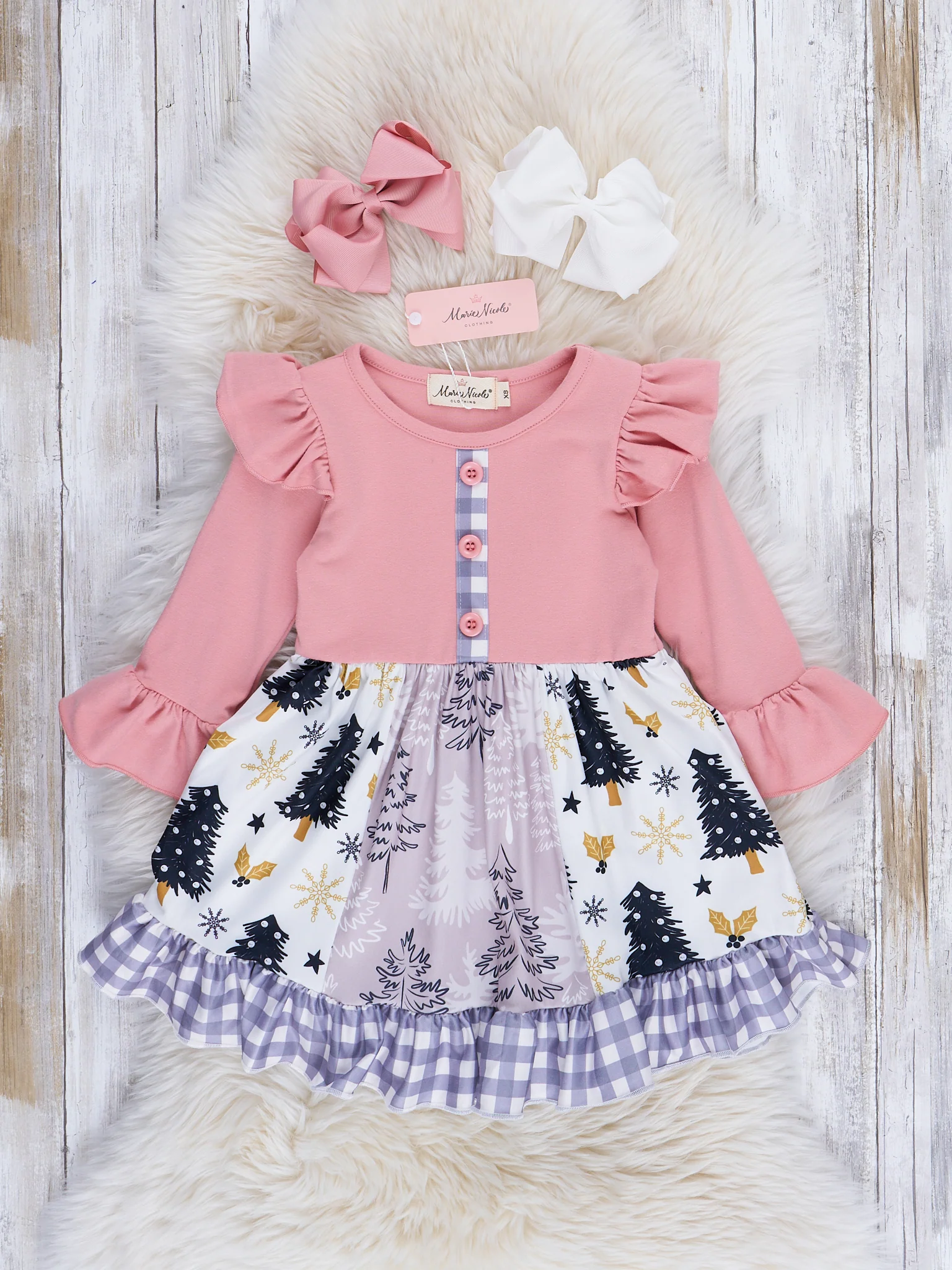 Pink & Purple Gingham Christmas Ruffle Dress