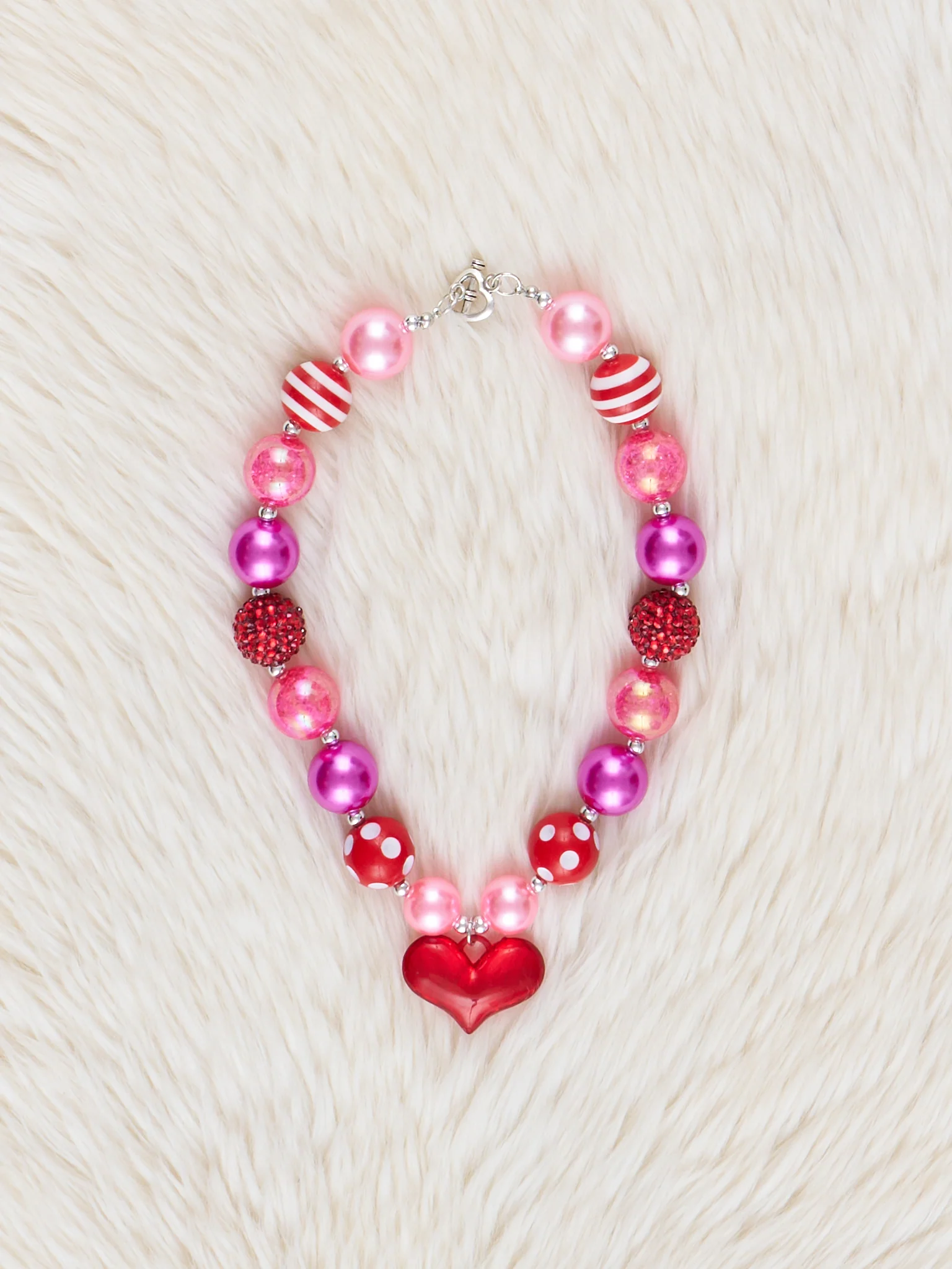 Pink & Red Heart Charm Bubblegum Necklace