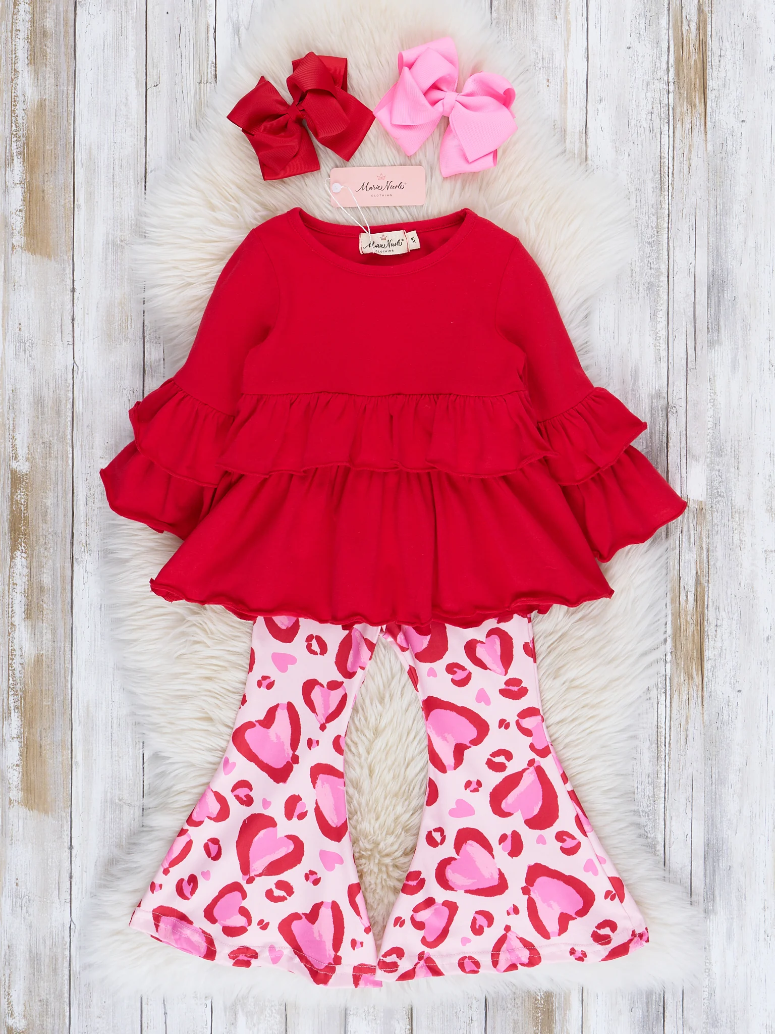 Pink & Red Hearts Ruffle Bell Bottom Outfit