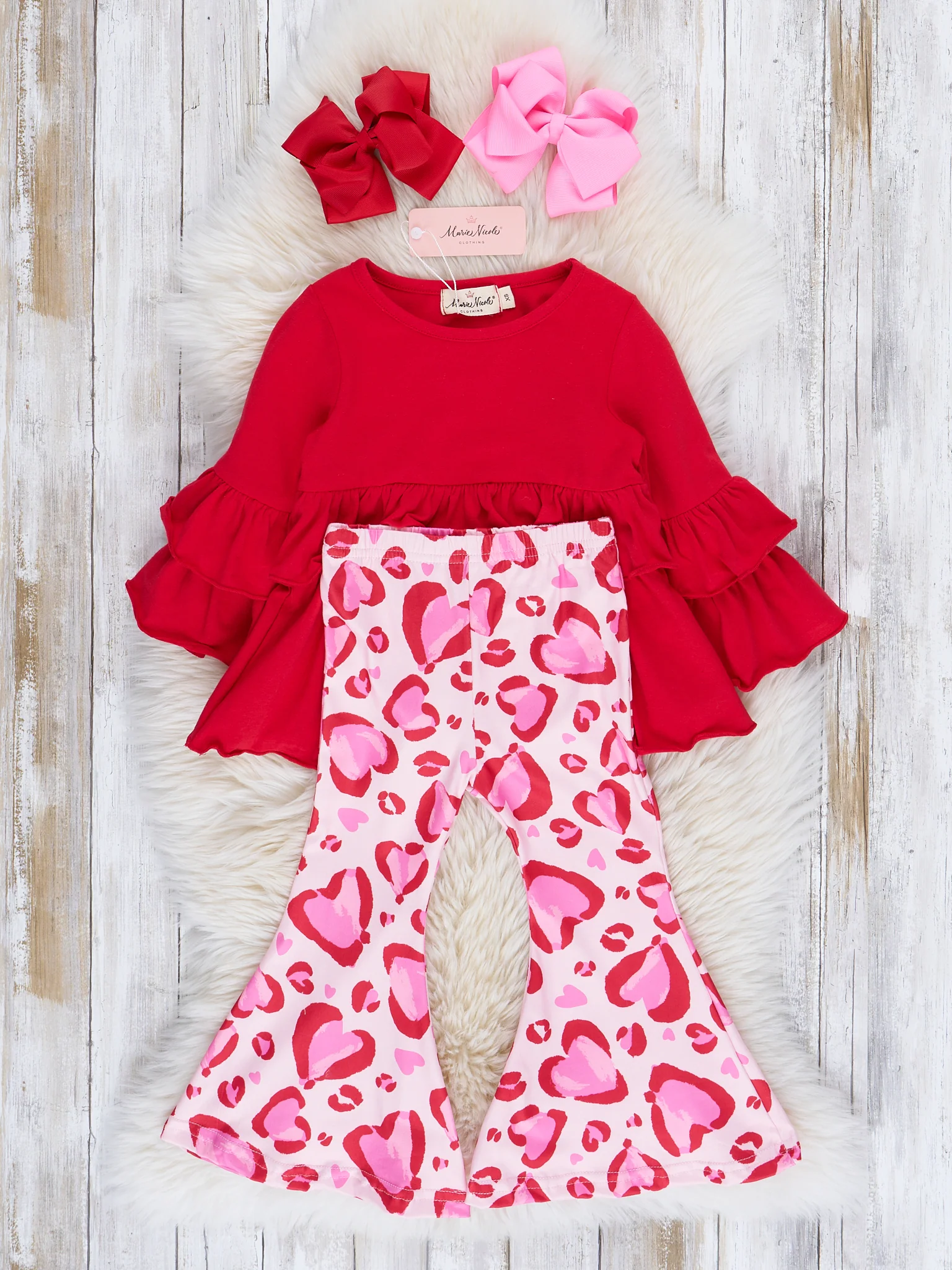 Pink & Red Hearts Ruffle Bell Bottom Outfit - Image 2