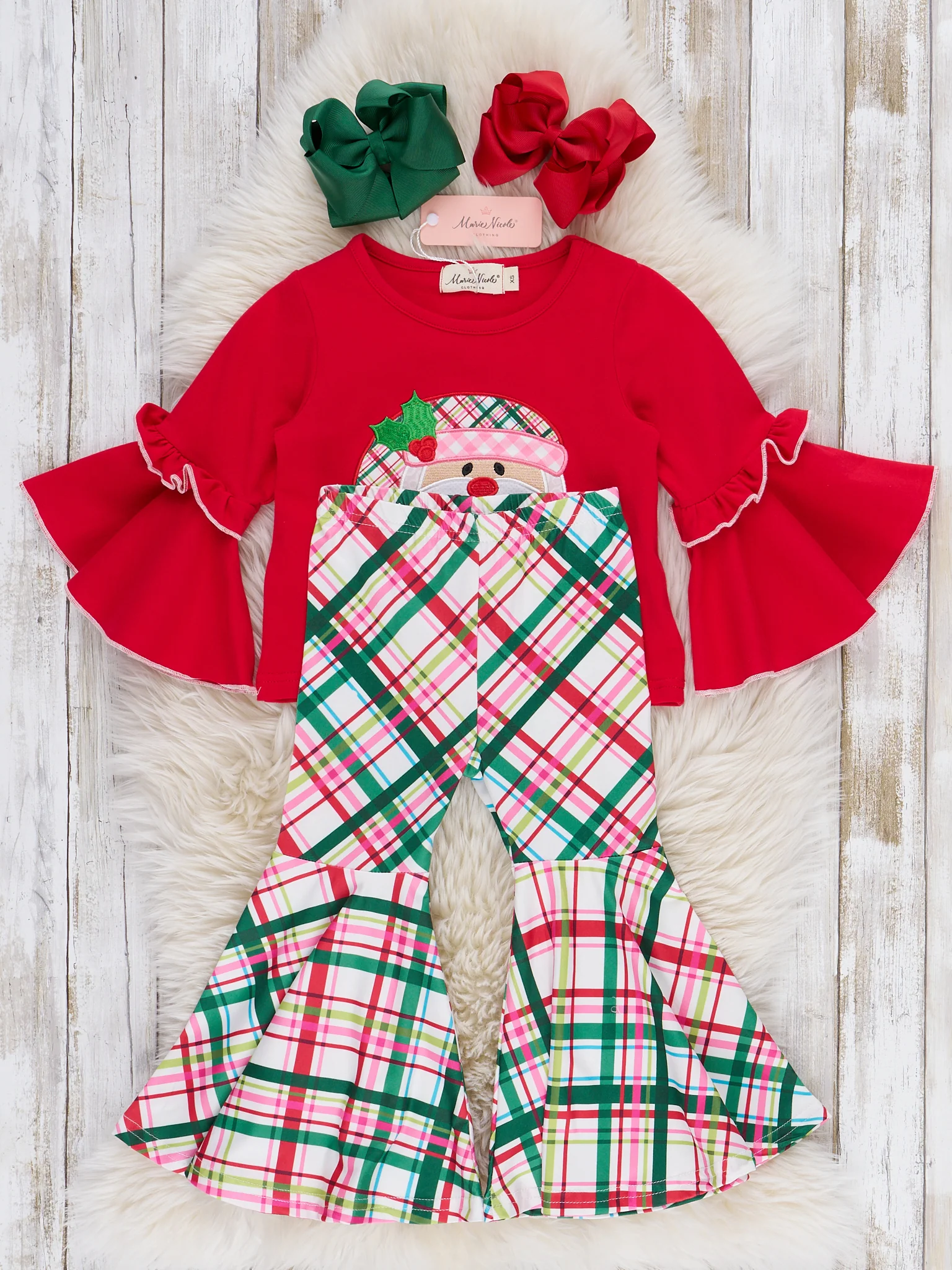 Pink & Red Santa Plaid Ruffle Bell Bottoms Outfit - Image 3
