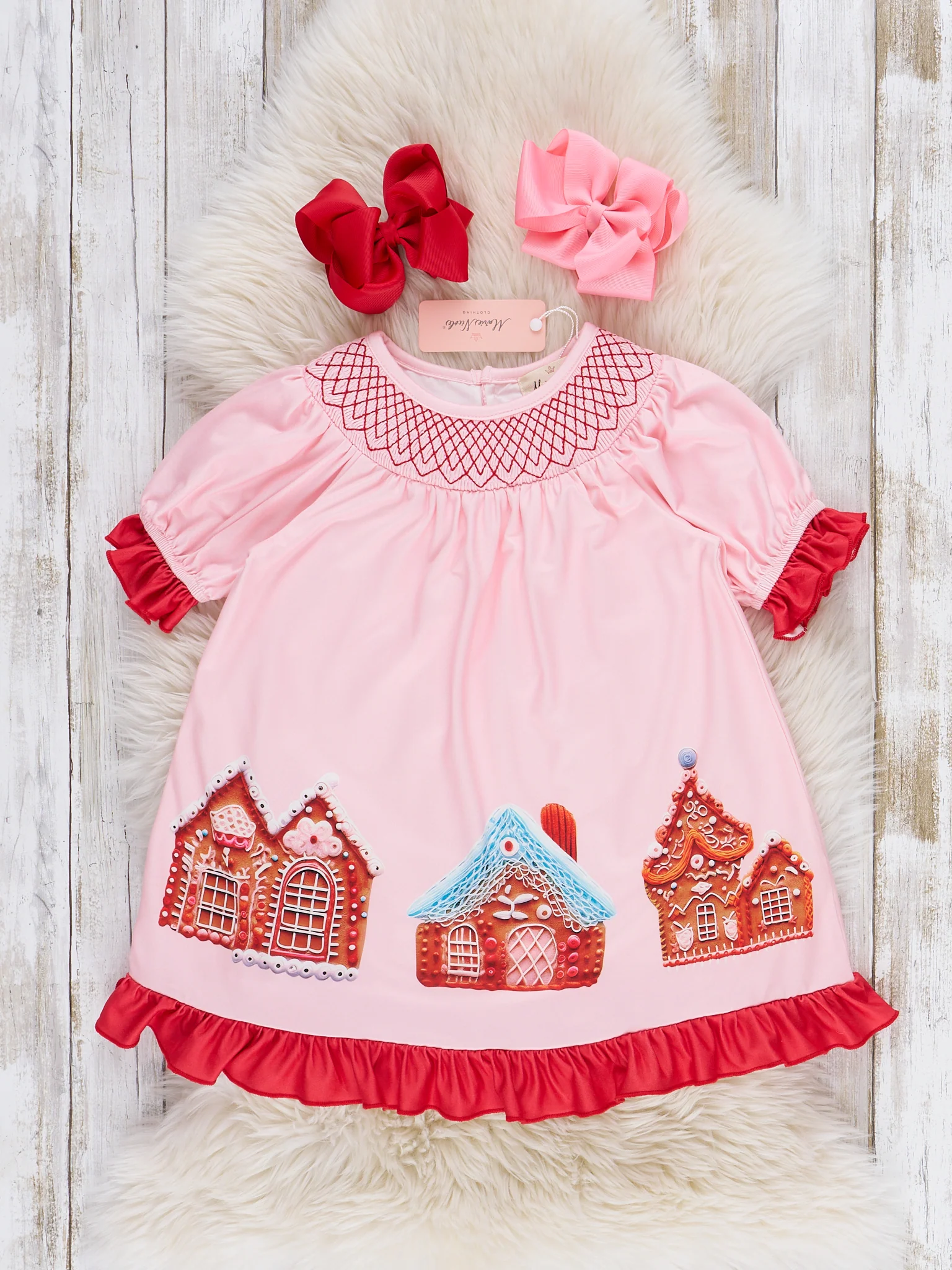 Pink & Red Smocked Gingerbread House Ruffle Dress