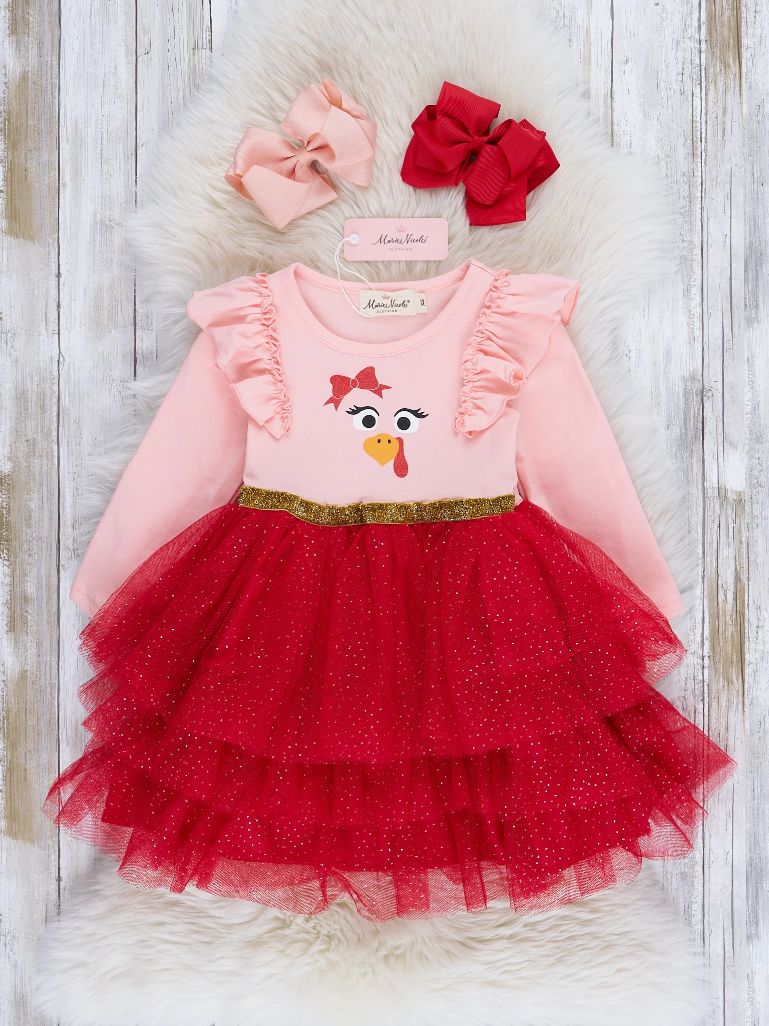Pink & Red Turkey Tiered Tulle Dress - Image 2