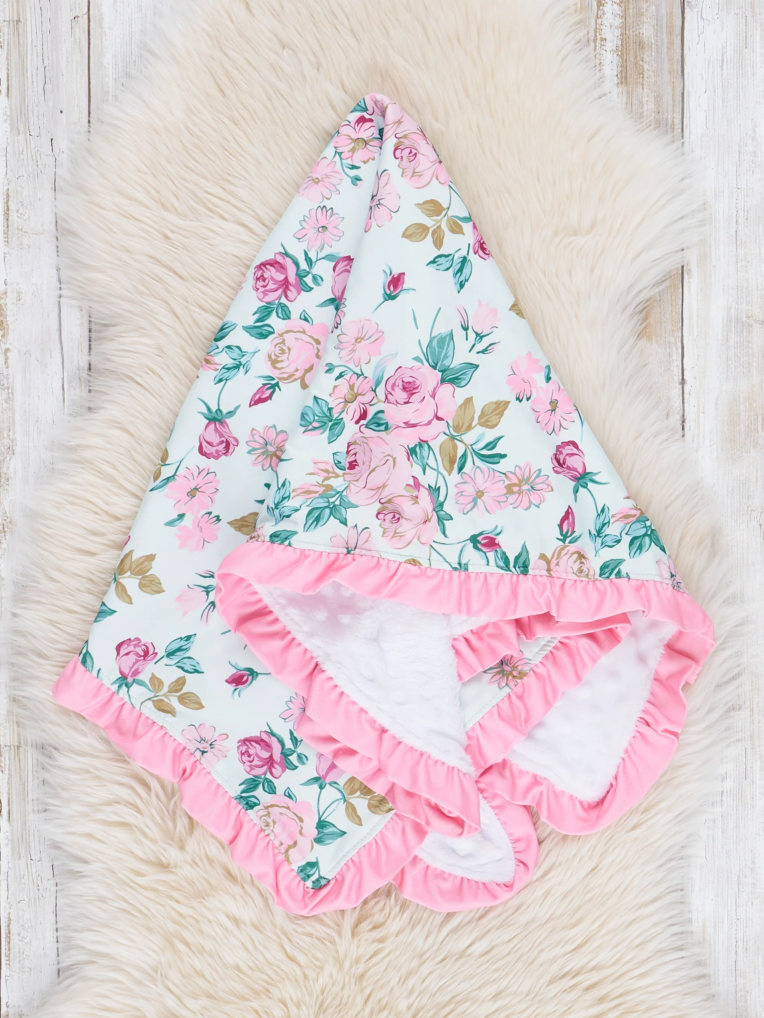 Pink Rose Garden Ruffle Minky Blanket