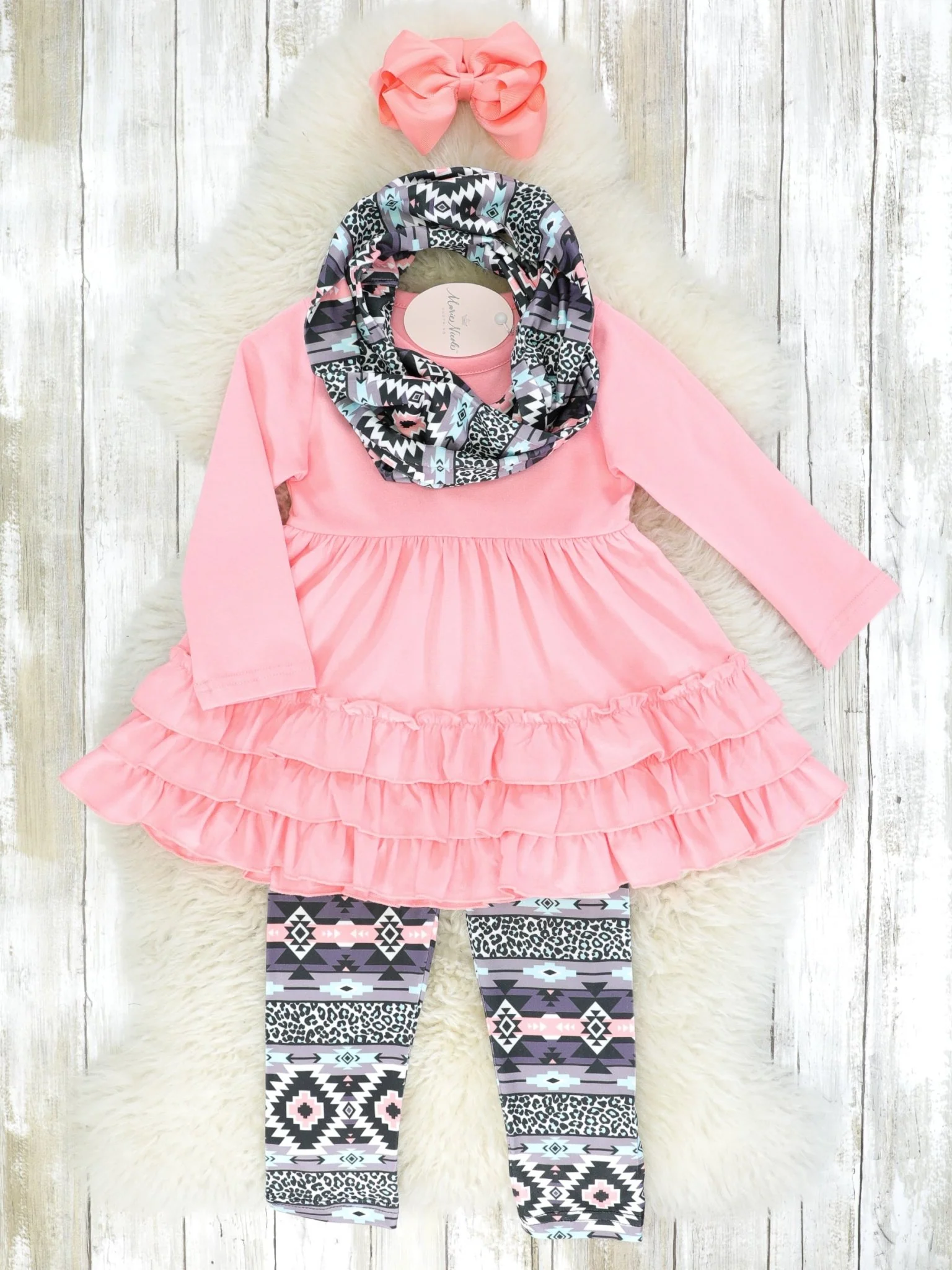 Pink Ruffle Peplum Top & Aztec Bottoms w/ Scarf
