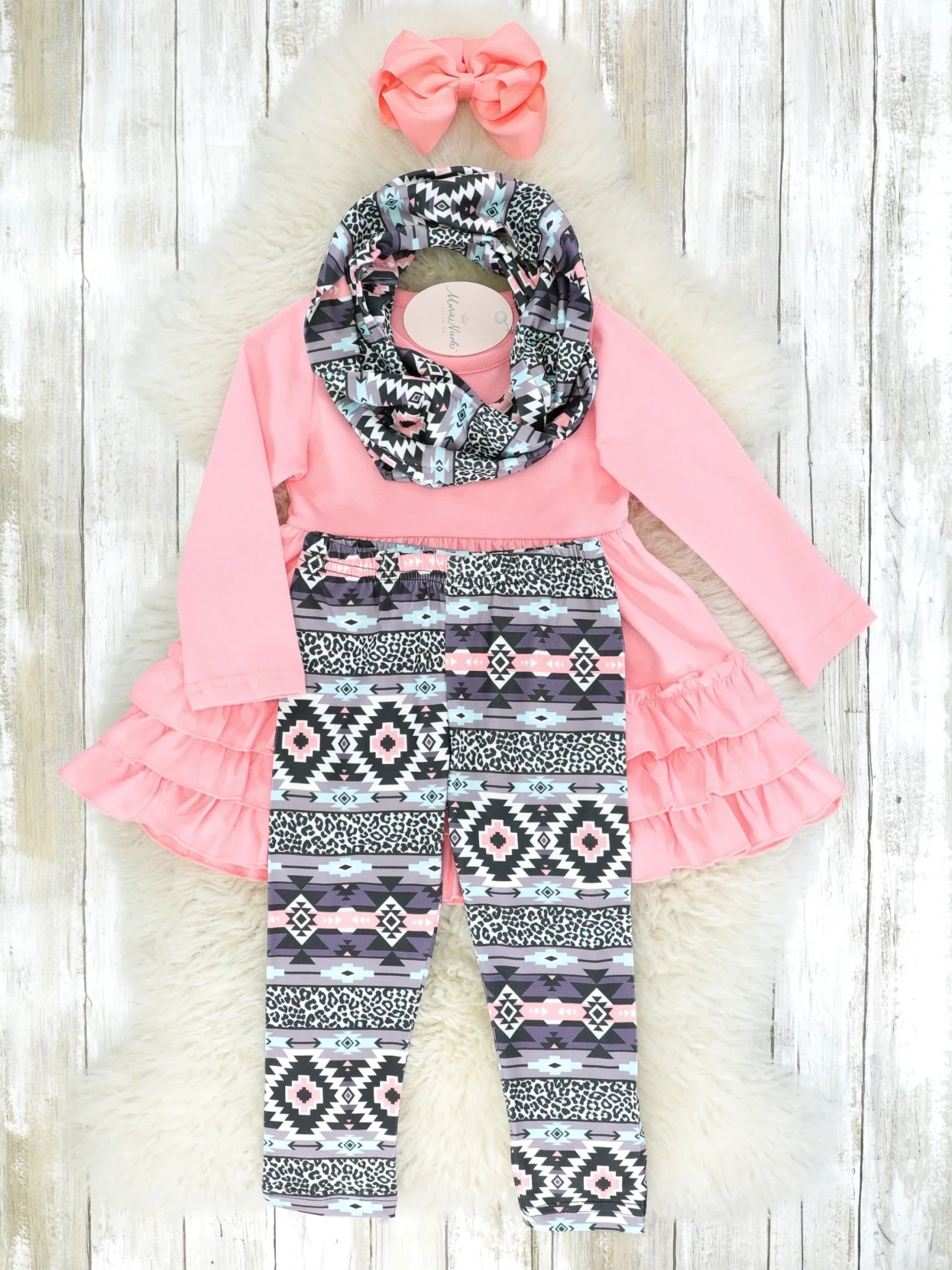 Pink Ruffle Peplum Top & Aztec Bottoms w/ Scarf - Image 2