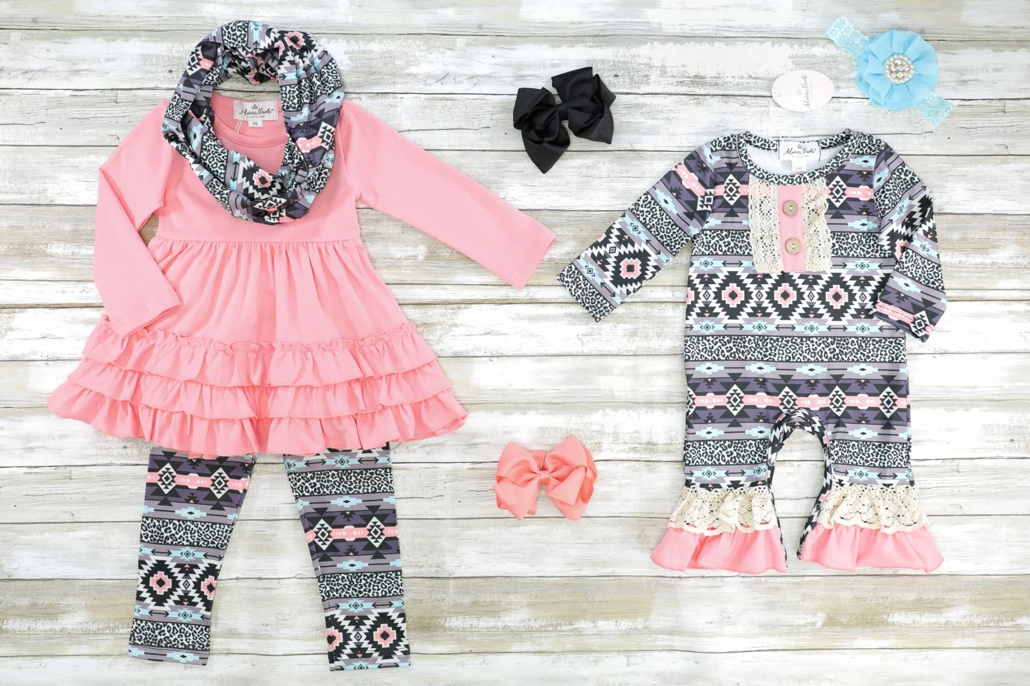 Pink Ruffle Peplum Top & Aztec Bottoms w/ Scarf - Image 3