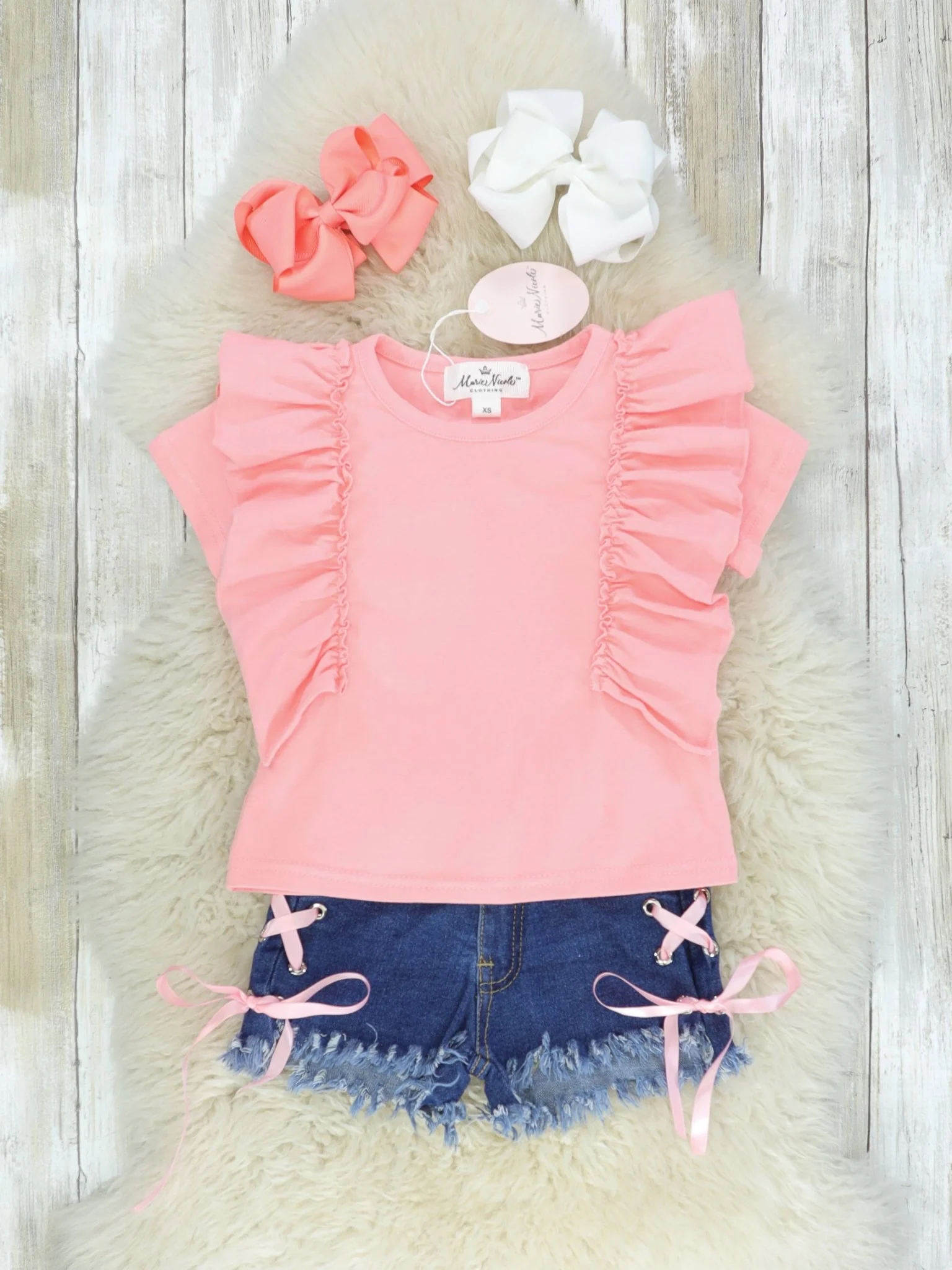 Pink Ruffle Top & Denim Tie Shorts Outfit