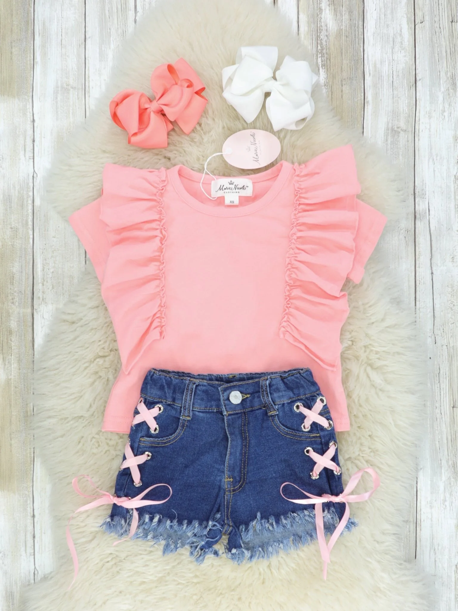 Pink Ruffle Top & Denim Tie Shorts Outfit - Image 2