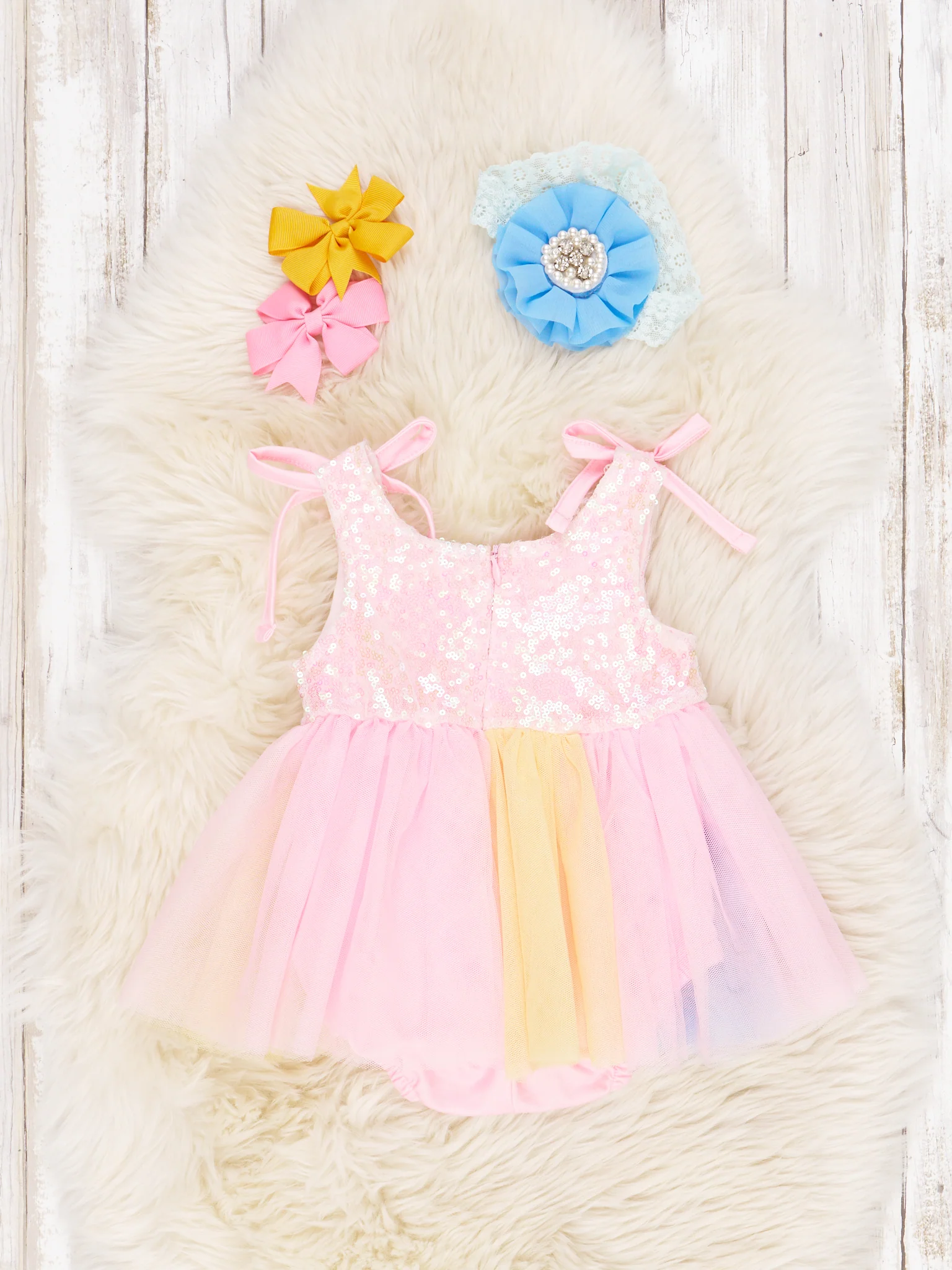 Pink Sequin Rainbow Tulle Dressy Romper - Image 2