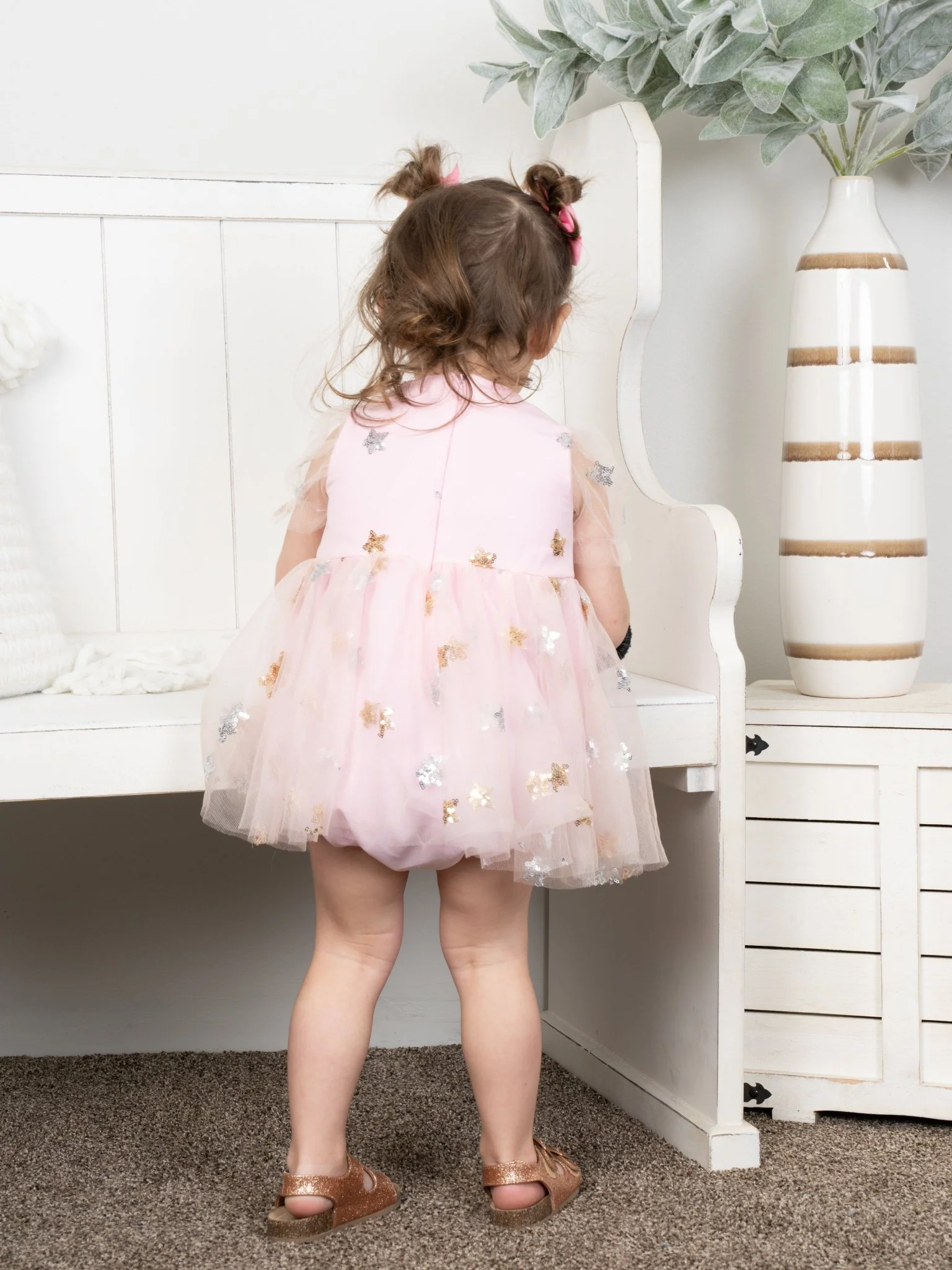 Pink Sequin Star Tulle Bubble Romper - Image 3