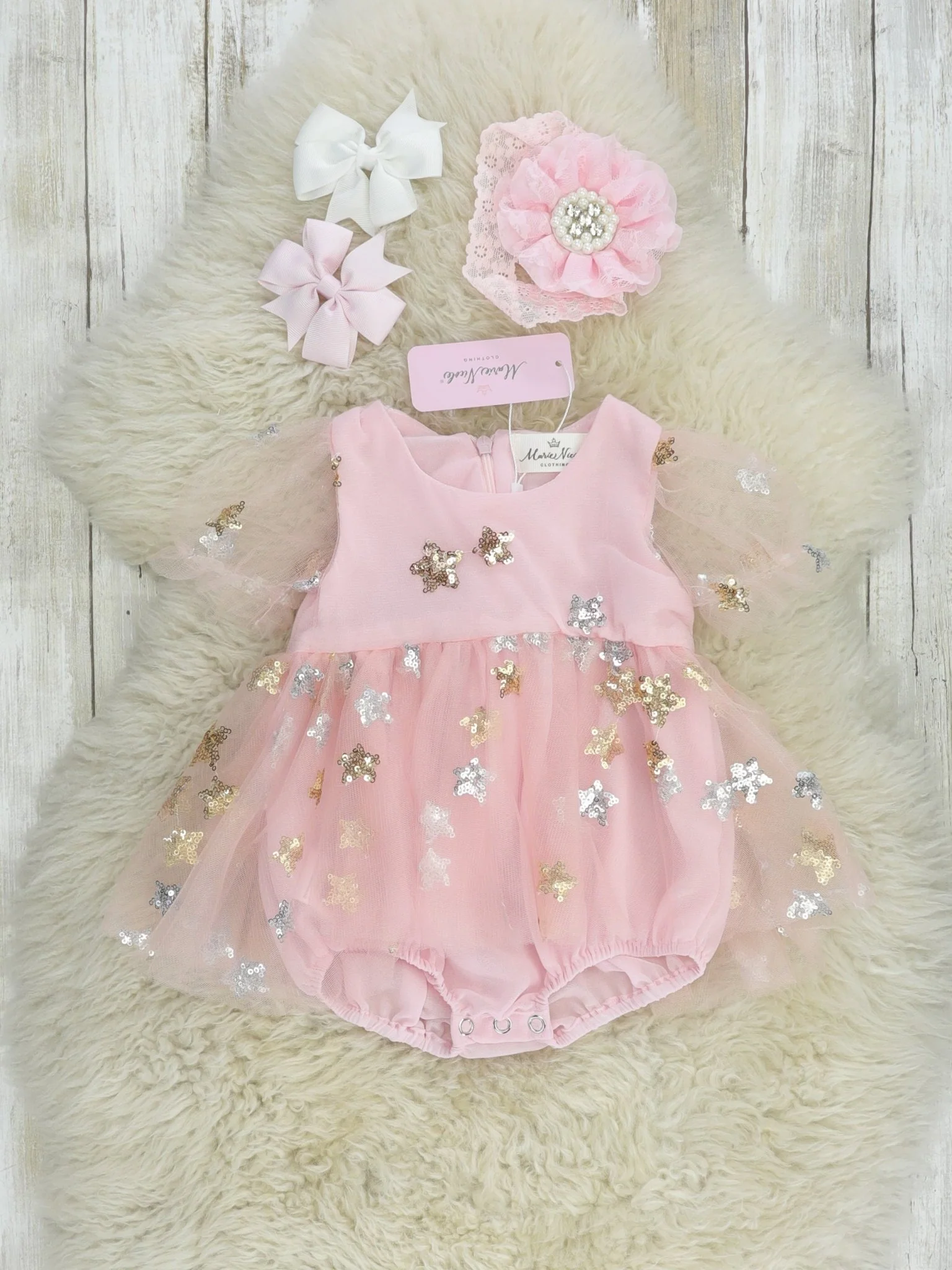 Pink Sequin Star Tulle Bubble Romper - Image 4