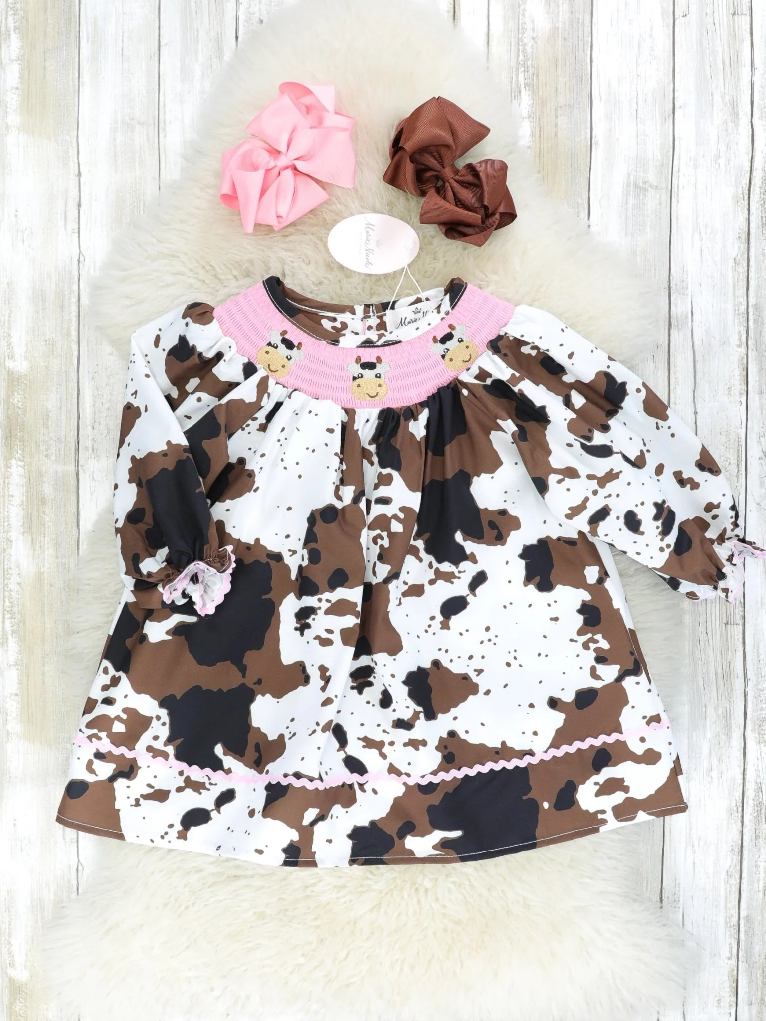 Pink Smocked Cow Print Dress