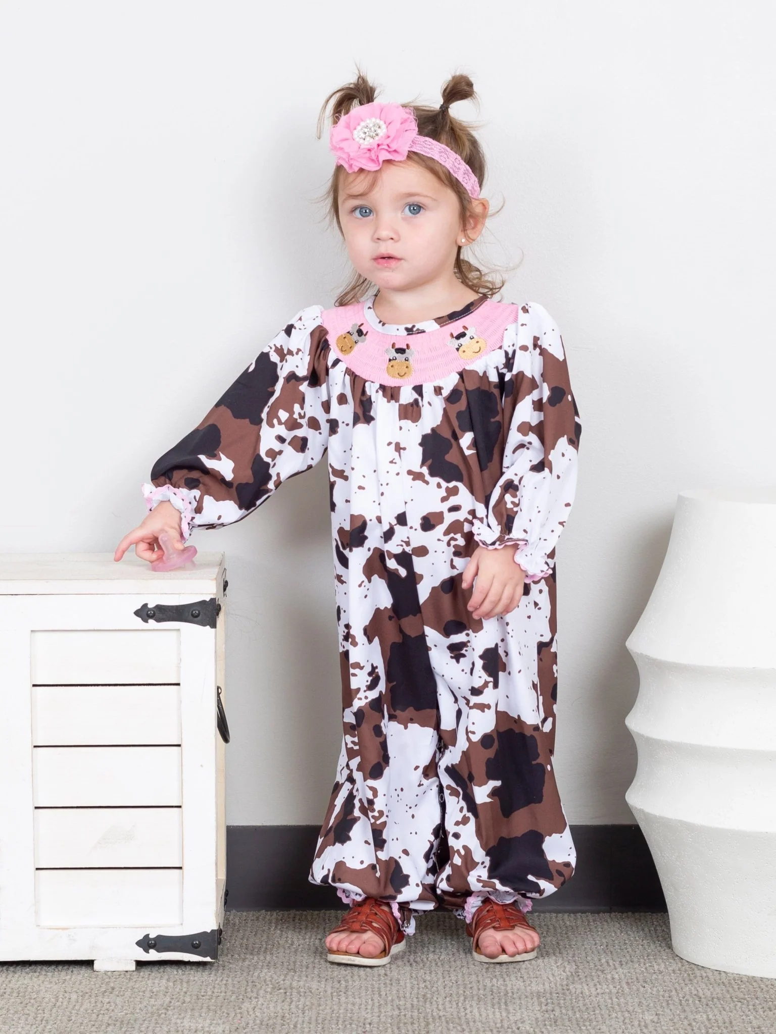 Pink Smocked Cow Print Romper - Image 2
