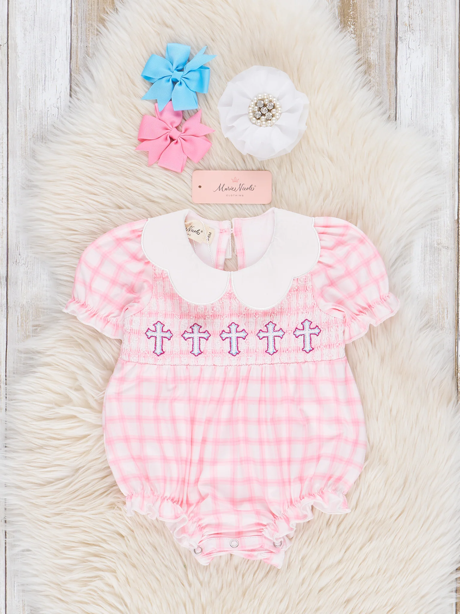 Pink Smocked Crosses Ruffle Bubble Romper