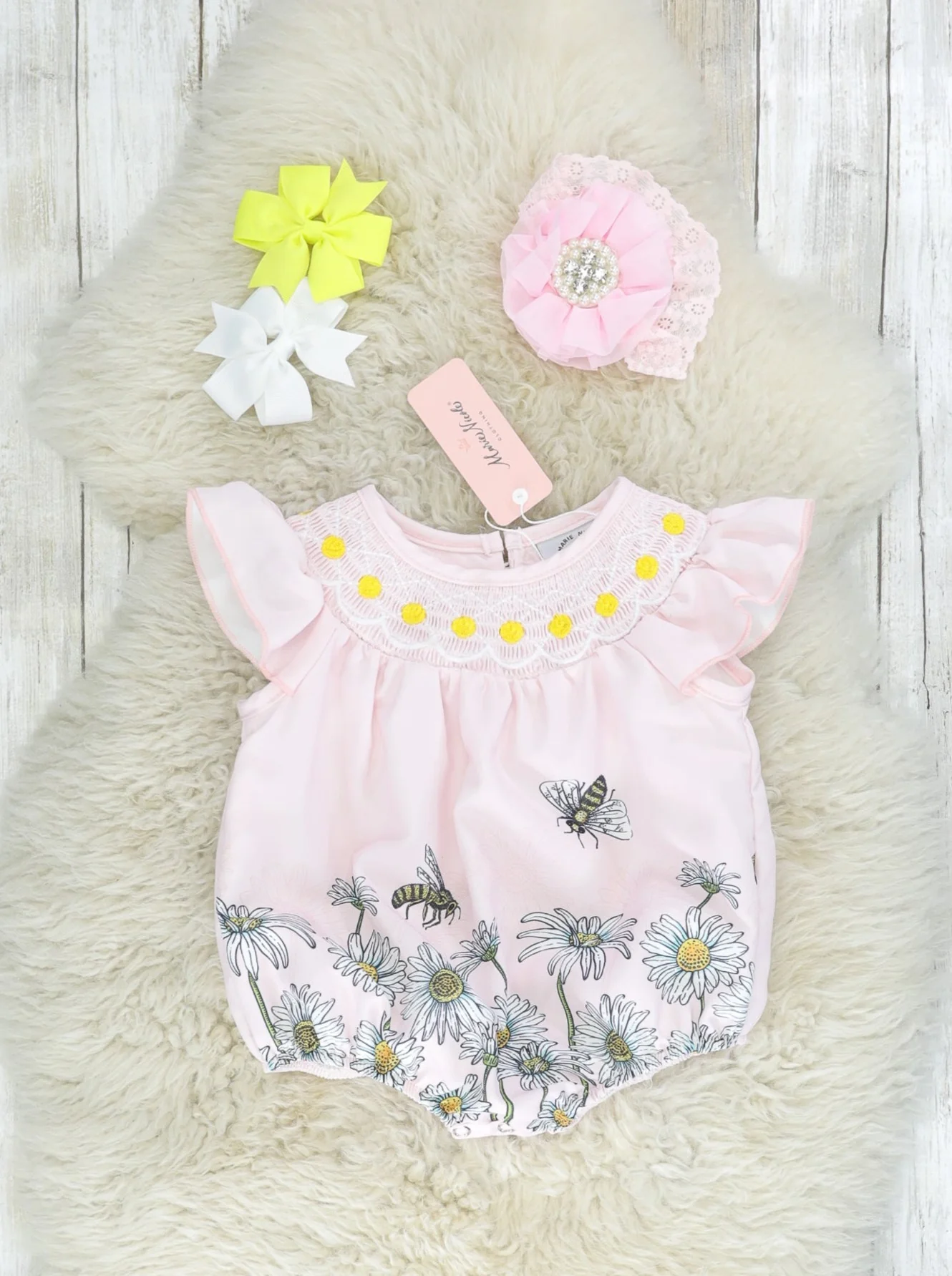 Pink Smocked Daisy Ruffle Bubble Romper