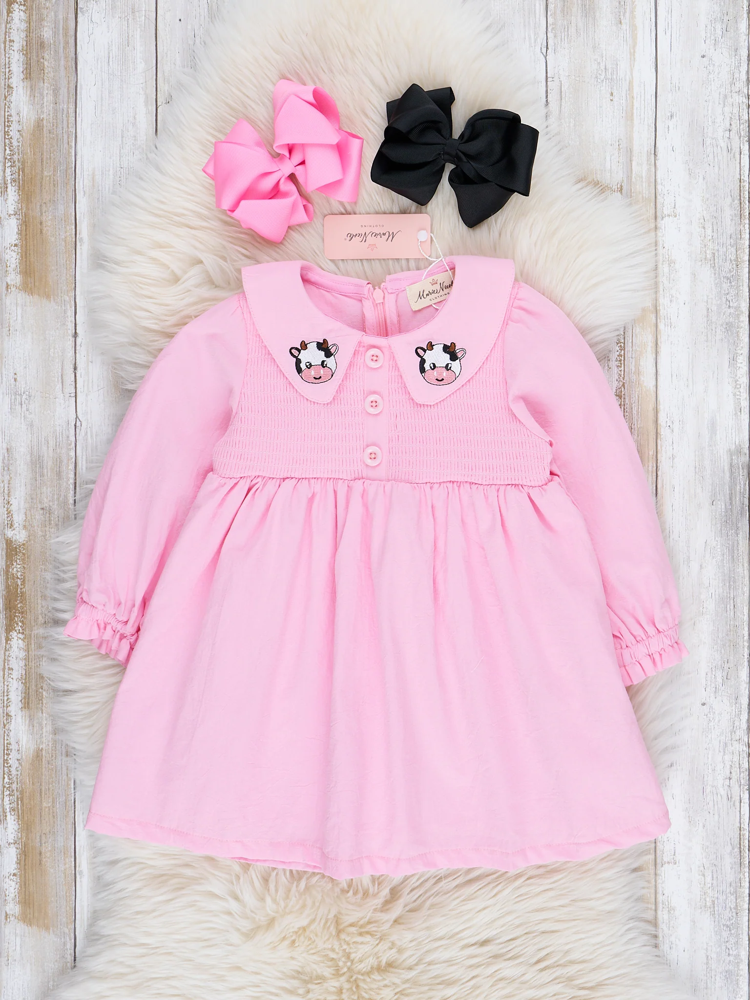 Pink Smocked Embroidered Cow Dress