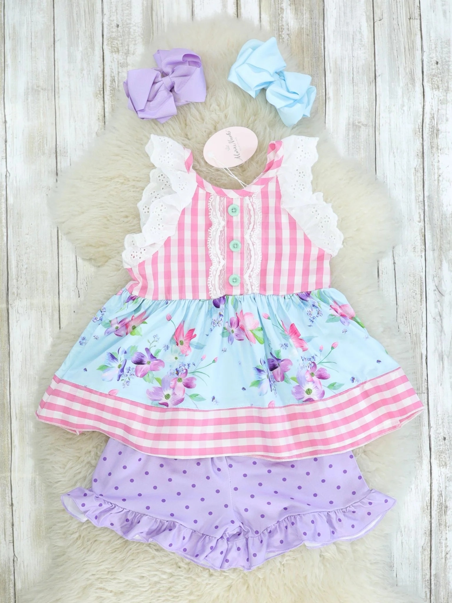 Pink Striped Floral Tank & Purple Polka Dotted Shorts Outfit
