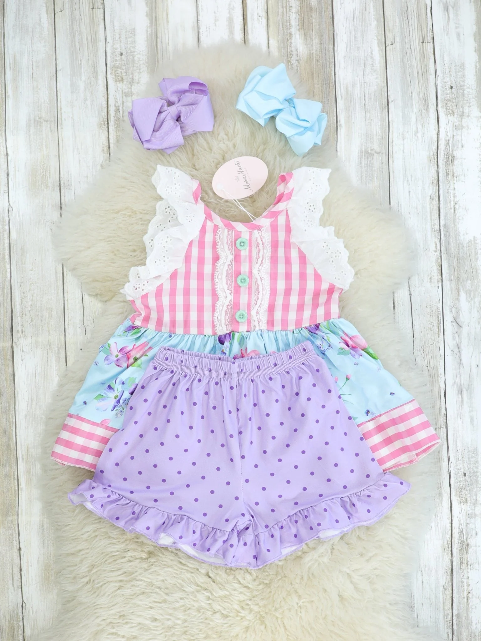 Pink Striped Floral Tank & Purple Polka Dotted Shorts Outfit - Image 2