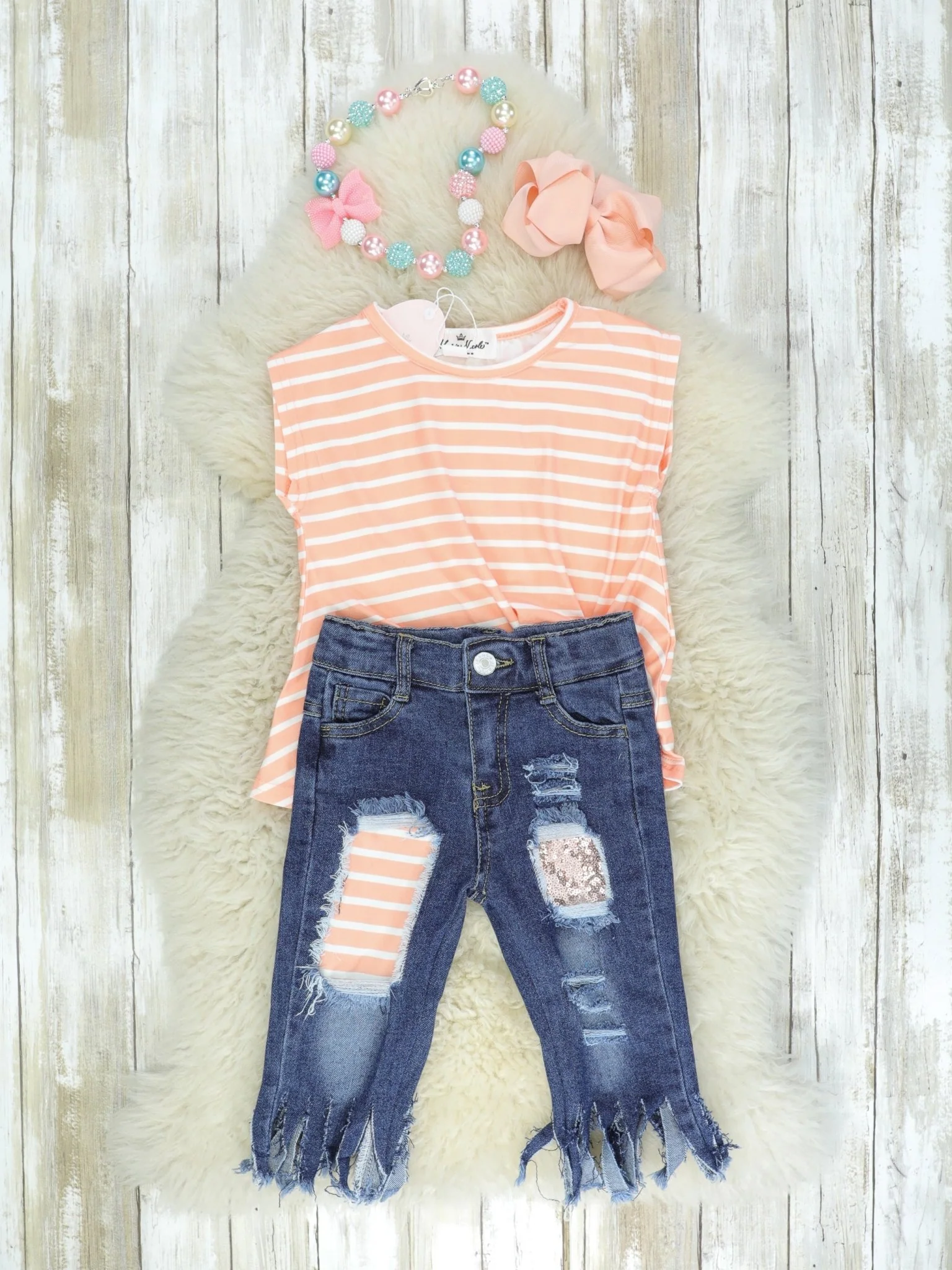 Pink Striped Knot Tank & Fringe Denim Capris Outfit - Image 2