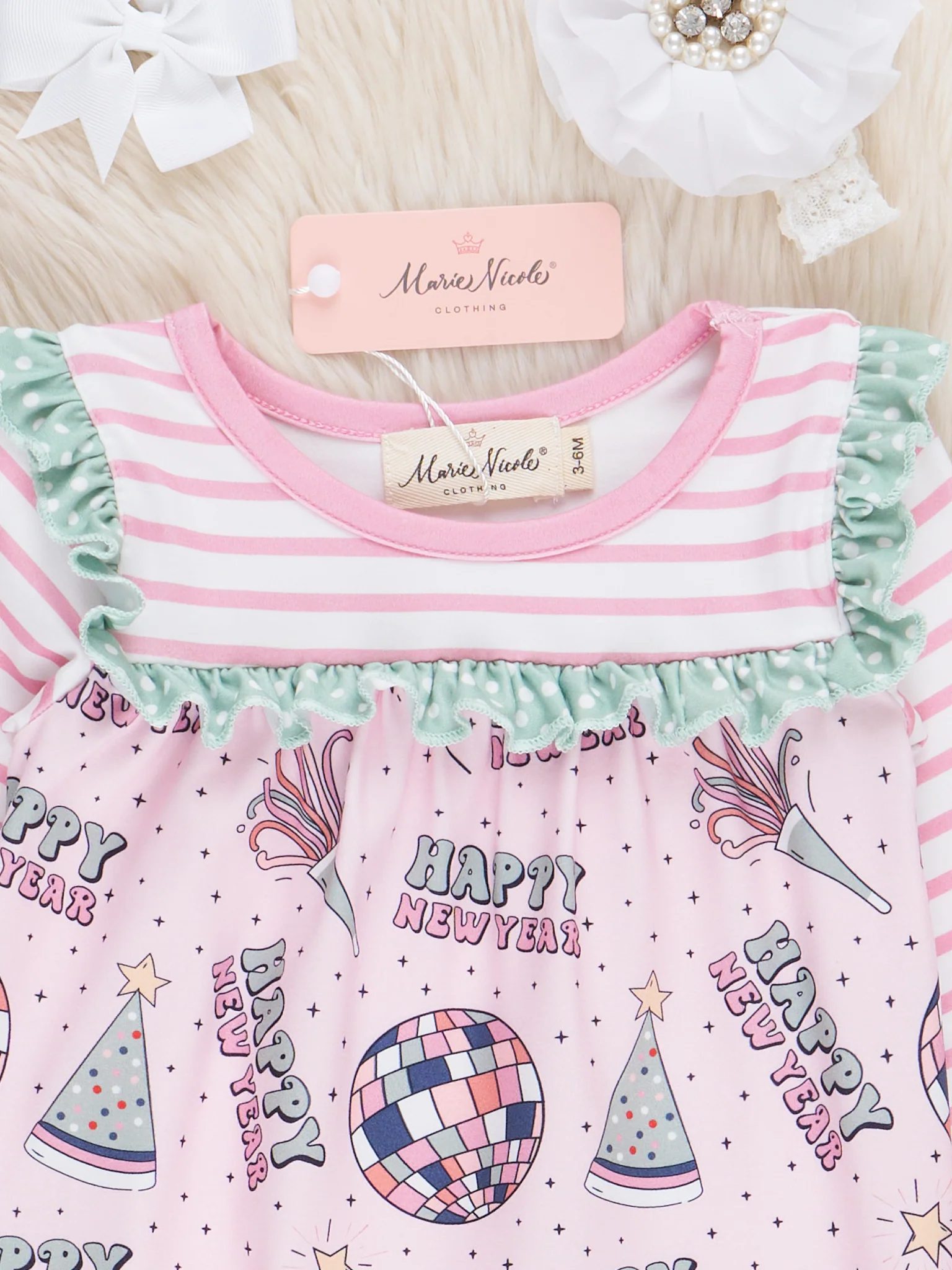 Pink Striped New Year Ruffle Romper - Image 2