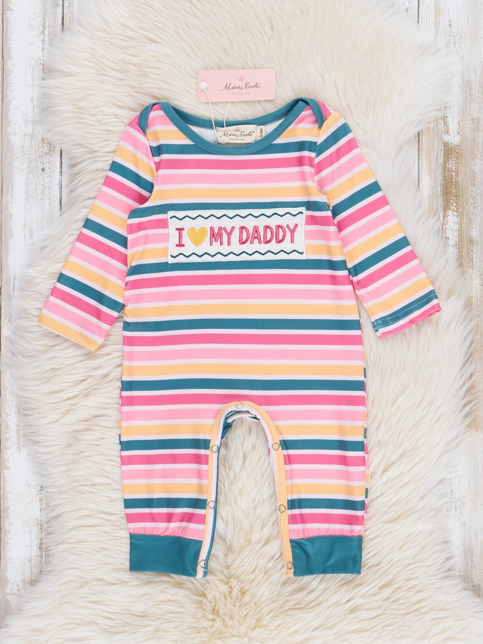 Pink Striped Smocked Dad Love Romper - Image 2