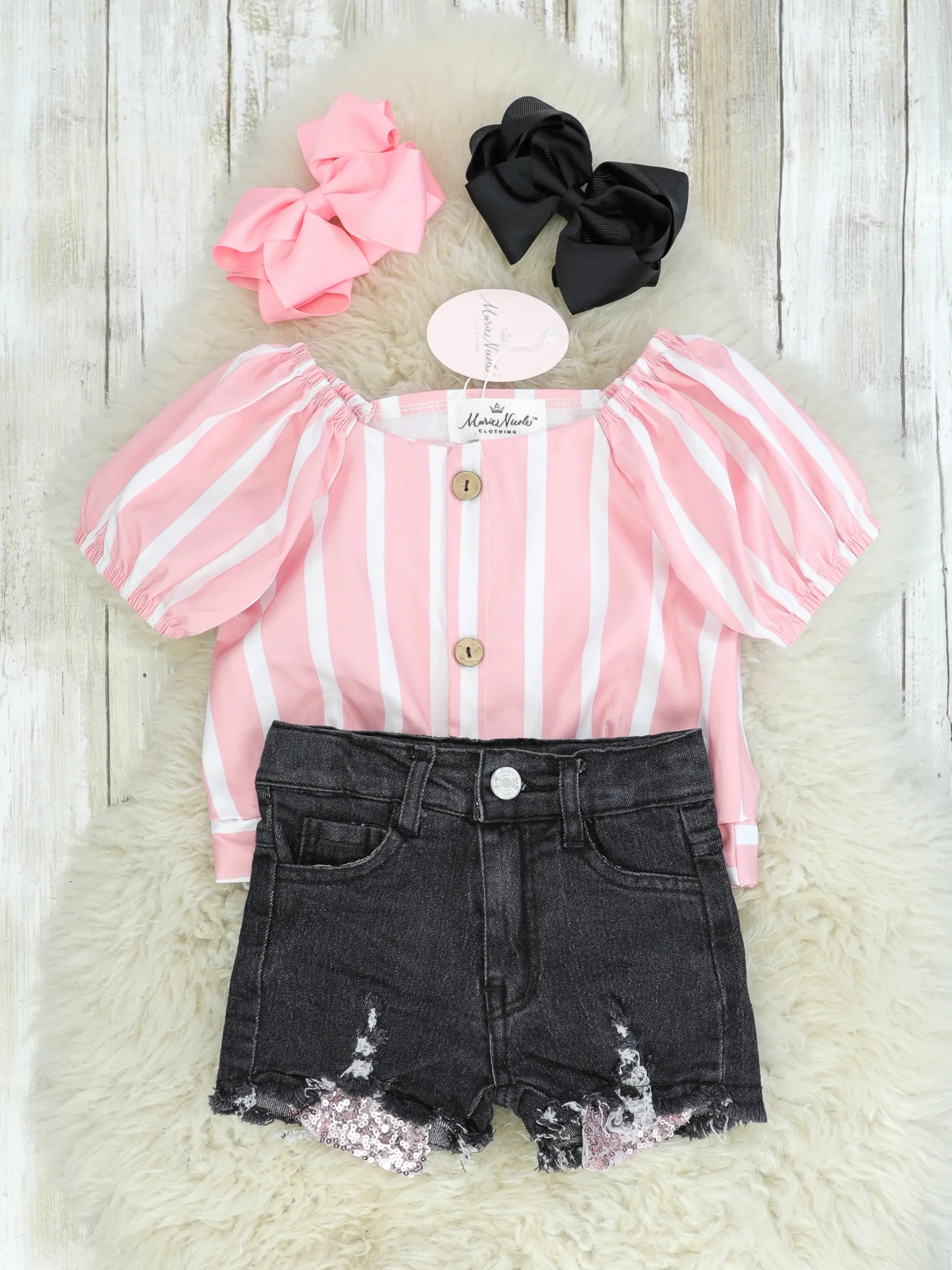 Pink Striped Top & Denim Shorts Outfit - Image 2