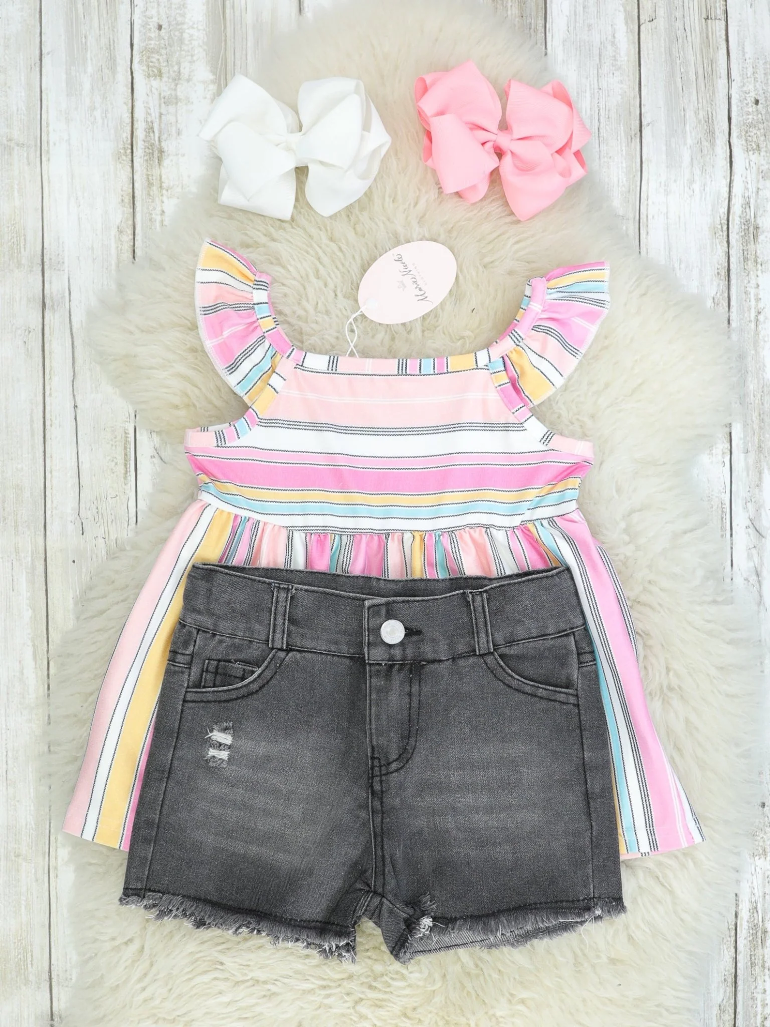 Pink Striped Top & Denim Shorts Outfit - Image 2