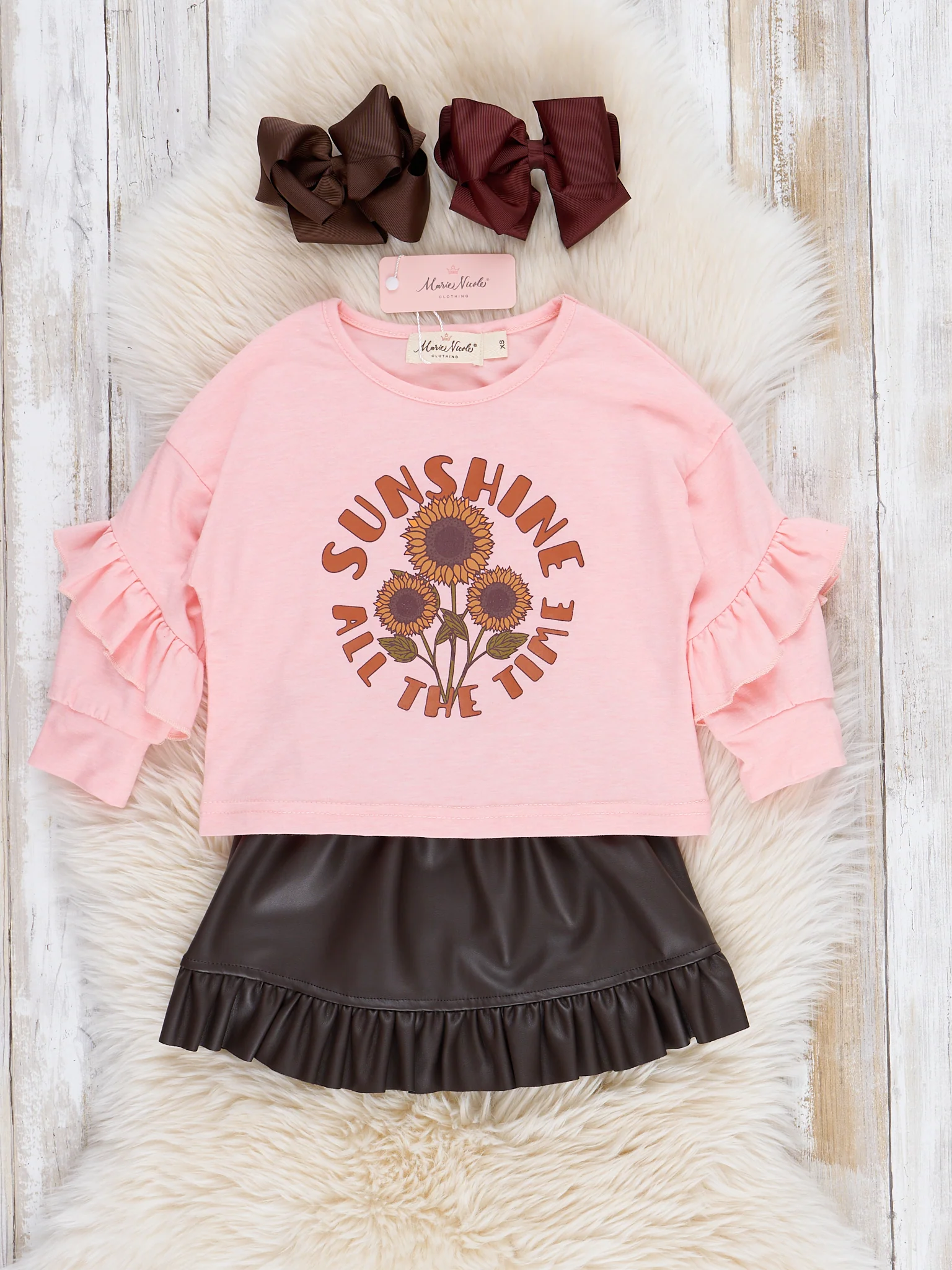 Pink Sunflowers Outfit w/ Faux Leather Skirt