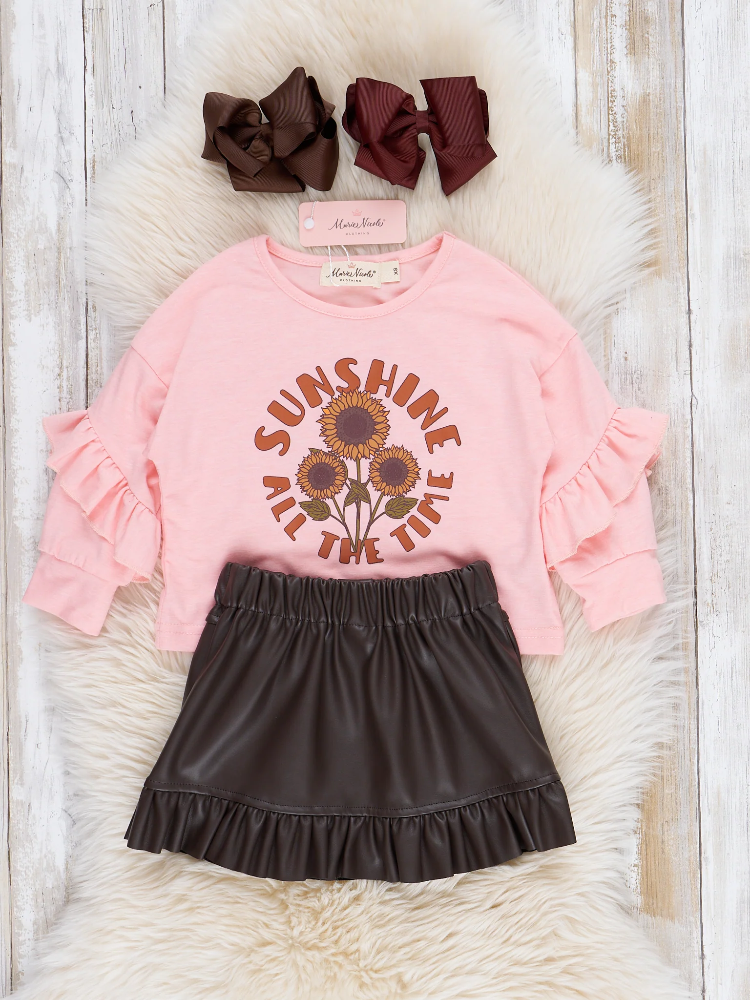 Pink Sunflowers Outfit w/ Faux Leather Skirt - Image 2