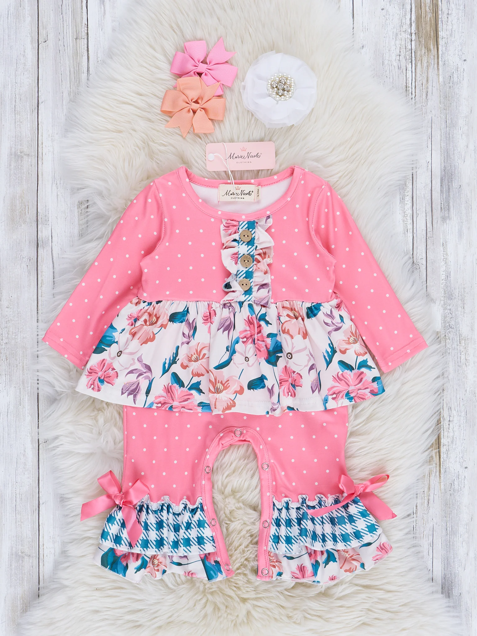 Pink & Teal Floral Ruffle Romper