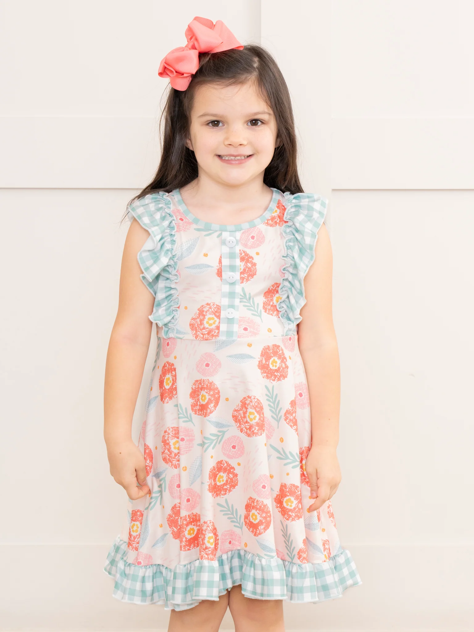 Pink & Teal Gingham Blooms Ruffle Dress