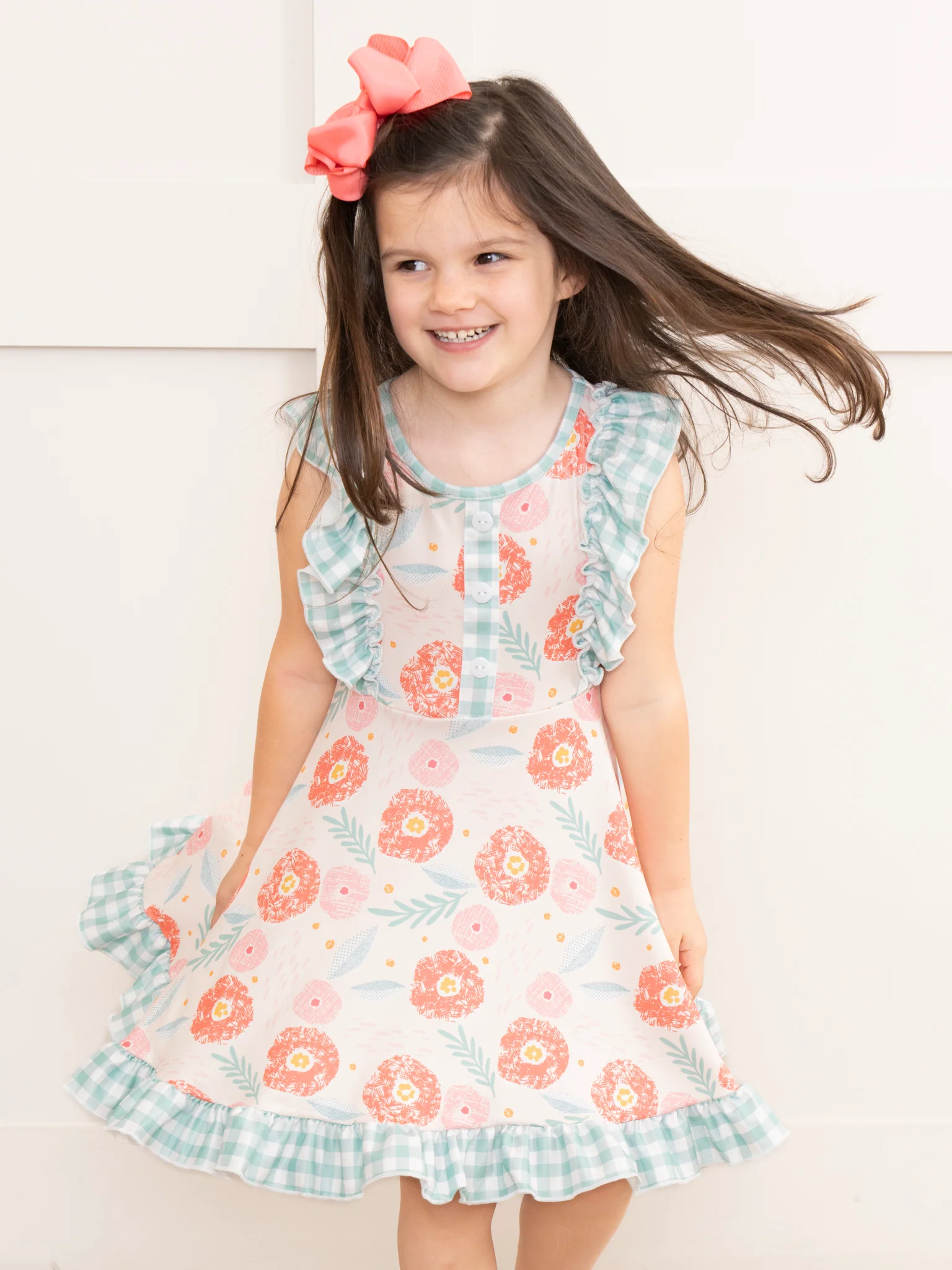 Pink & Teal Gingham Blooms Ruffle Dress - Image 2